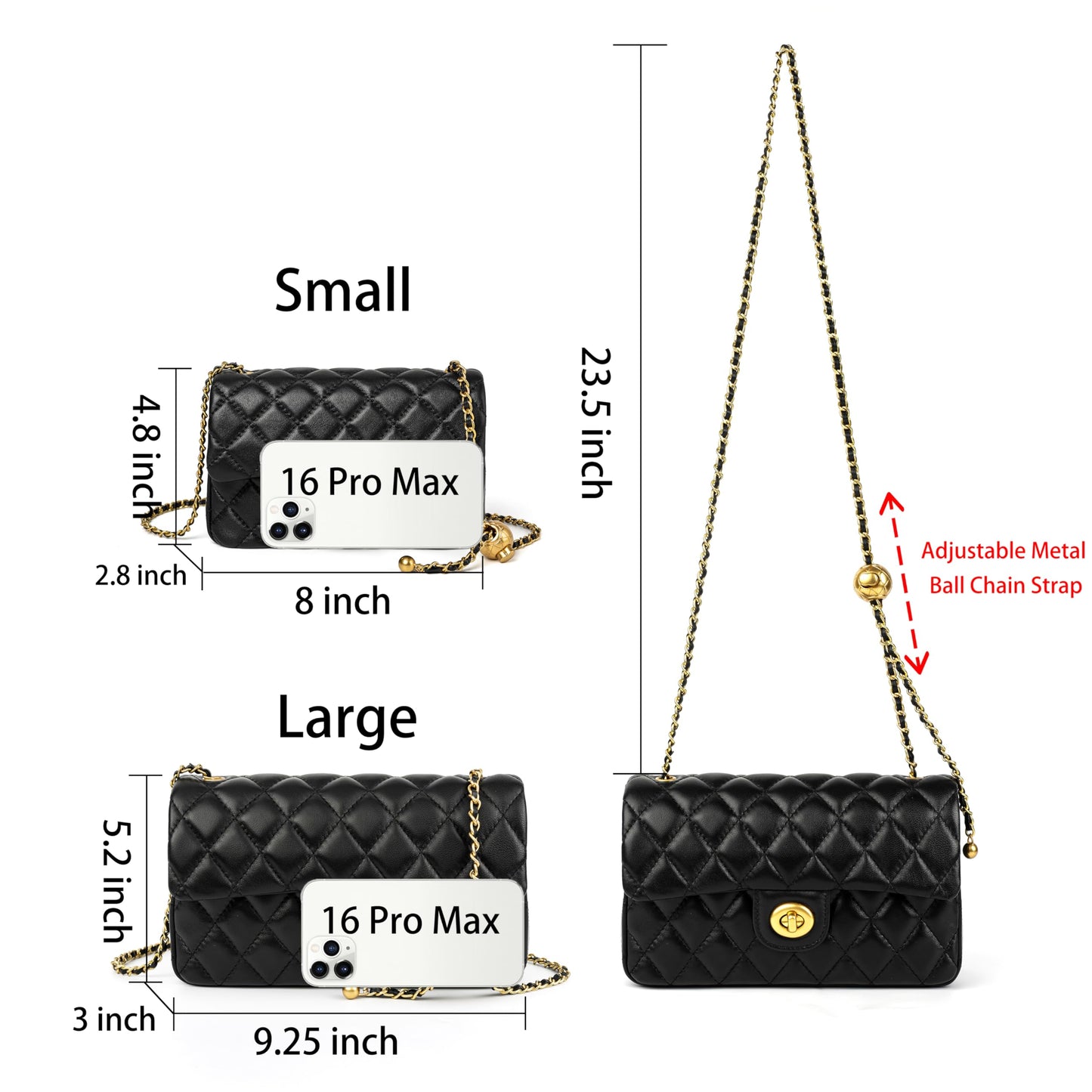 DORIS&JACKY Small Quilted Crossbody Purse for Women, Designer Lambskin Shoulder Cellphone Purse with Twist Lock and Chain Strap (Black)