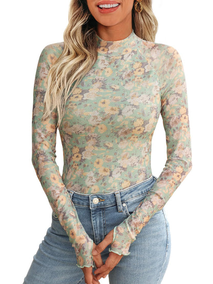 Dealmore Lace Sheer Long Sleeve Floral Mesh Mockneck Trendy Cute Going Out Tops for Women Fall Fashion Outfits 2025 Clothes