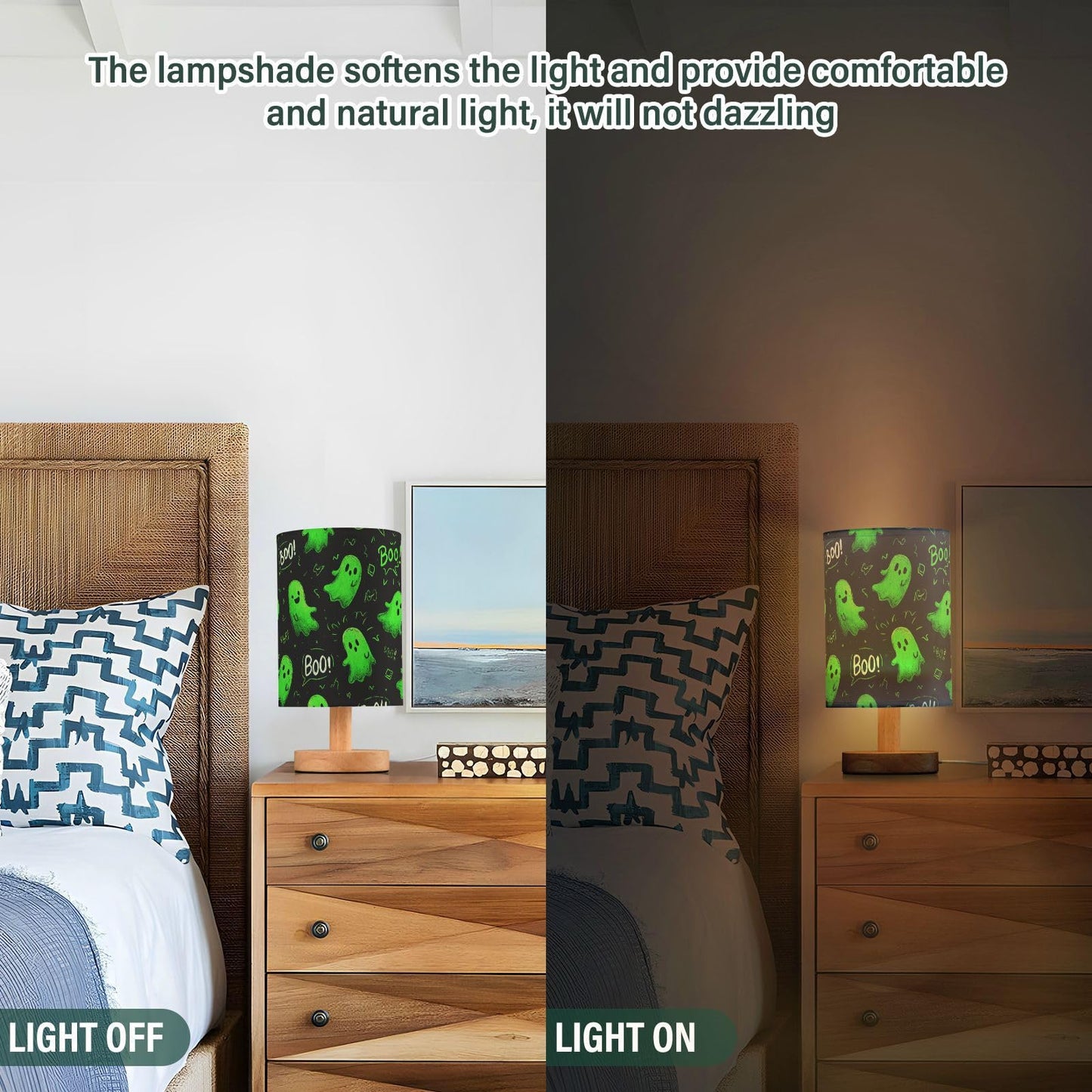 Dussdil Halloween Green Ghost Table Lamp Bedroom Bedside Night Reading Desk Lamps Cylinder Nightstand Sleeping Light Lamp for Kids Living Room Office Decor