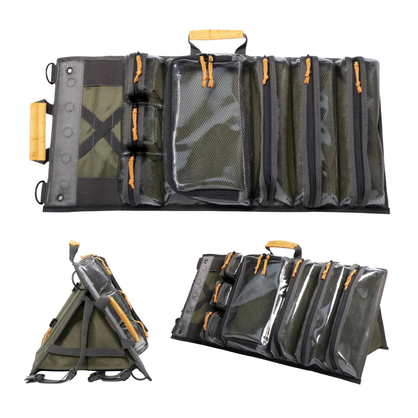 Heavy Duty Roll Up Tool Bag Organizer w/Kickstand for Upright Visibility & Easy Access, 7 Pockets w/Zippers, Multiple Carrying & Hanging Handles, Magnetic & Elastic Organizers, Adjustable Strap