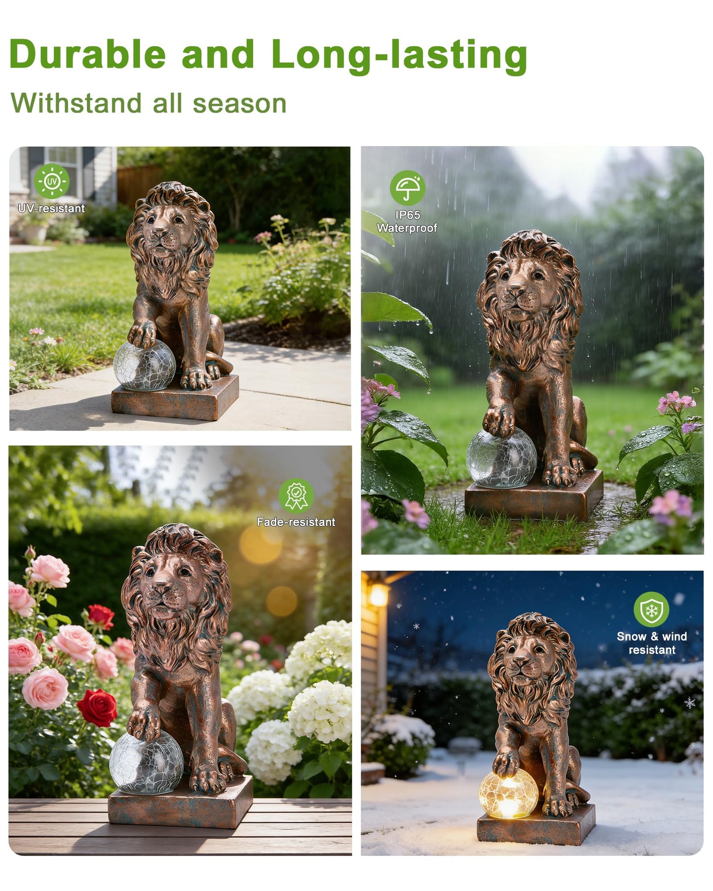 Nacome Guardian Lion Garden Decor: Outdoor Decoration Statue with Ball Lights for Yard Art Porch Patio Balcony - Unique Birthday Choice for Women Mom Lover - 9.45in (Copper)