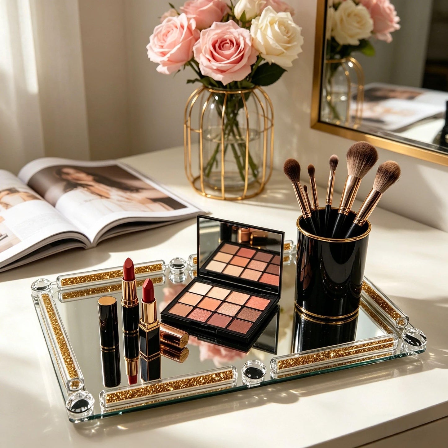 Gold Glass Tray, 11.8" x 7.9" Decorative Crystal Glass Cosmetic Perfume Display Tray for Gorgeous Dresser Countertop,Noble Jewelry Organizer with Diamond for Home Decor,Banquet Party