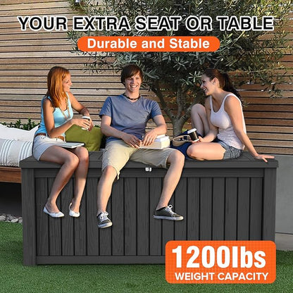 180 Gallon Waterproof Large Resin Deck Box Indoor/Outdoor Lockable Storage Container and Seating for Garden, Pool, and Patio (180 Gallon, Black)