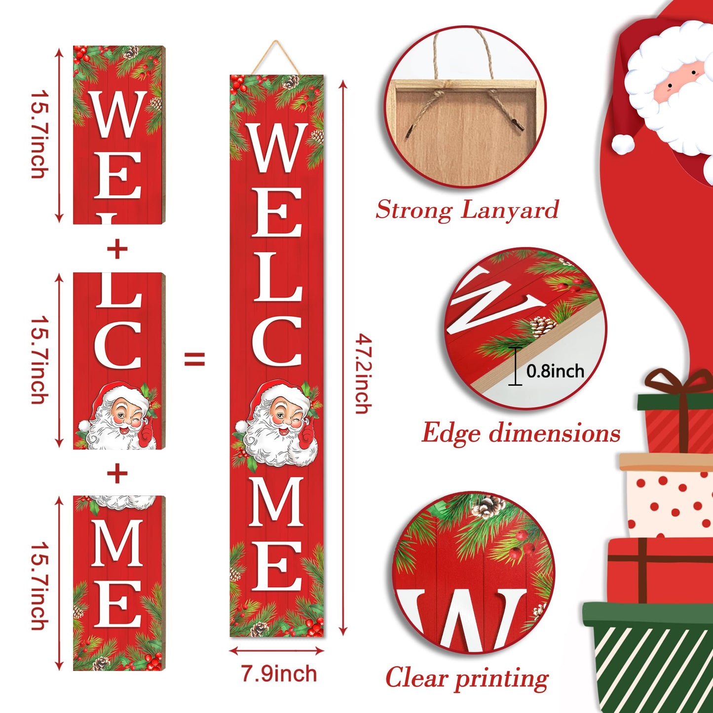 Christmas Wooden Porch Sign 47" Santa Claus Large Welcome Porch Sign for Home Front Door Yard Party Decor(Red)