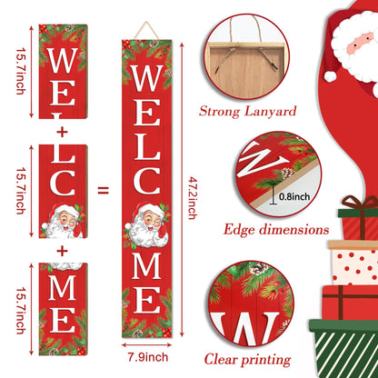 Christmas Wooden Porch Sign 47" Santa Claus Large Welcome Porch Sign for Home Front Door Yard Party Decor(Red)