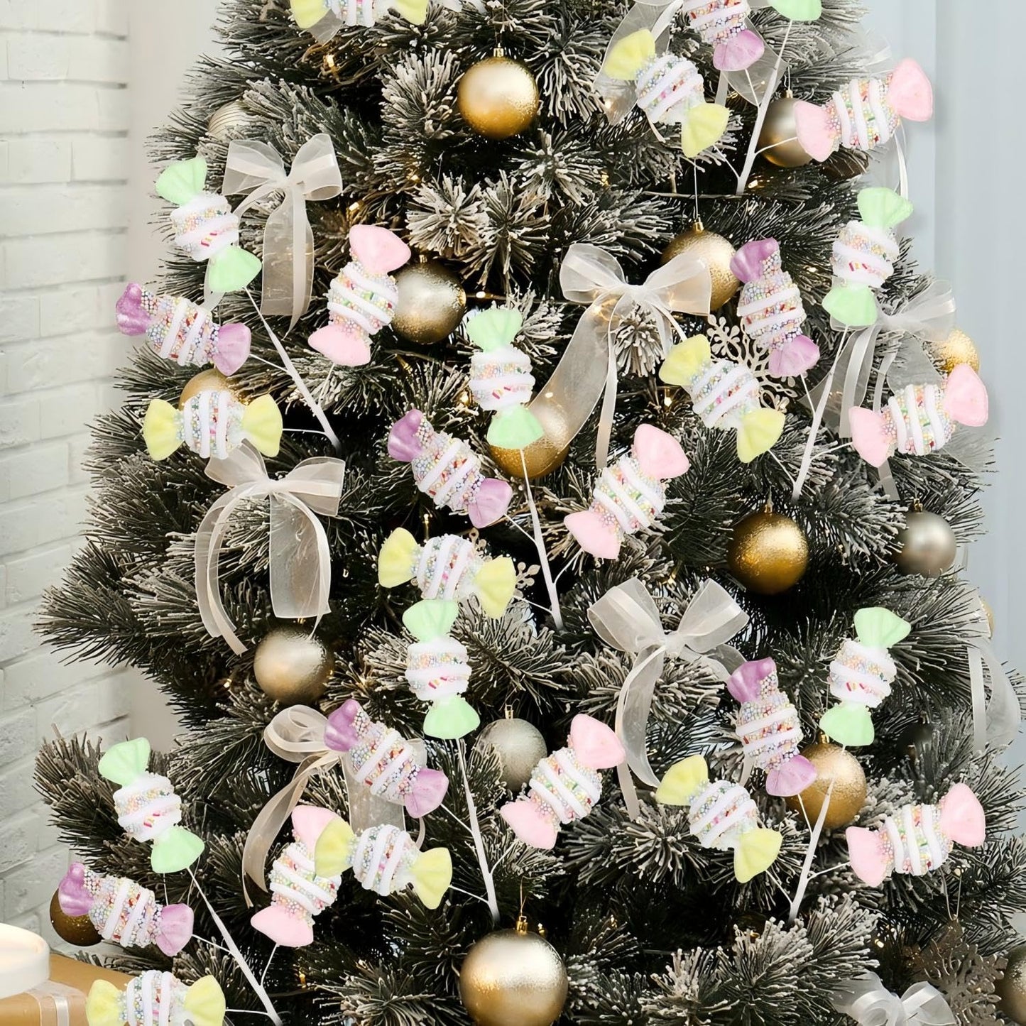 Norme 5 Pcs 16 Inch Pastel Candy Christmas Tree Picks Decoration, Gitter Candy and Lollipop Picks for Christmas Tree Branches, Xmas Ornaments for Wreath Vase Filler Home(Bow Sweets)