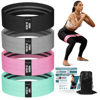 Resistance Bands for Working Out with Guide, 4 Workout Bands for Women & Men, Fabric Exercise Bands for Legs, Hip, Glute, Butt, Booty Bands Set for Yoga, Pilates, Strength (Green, Pink, Gray, Black)