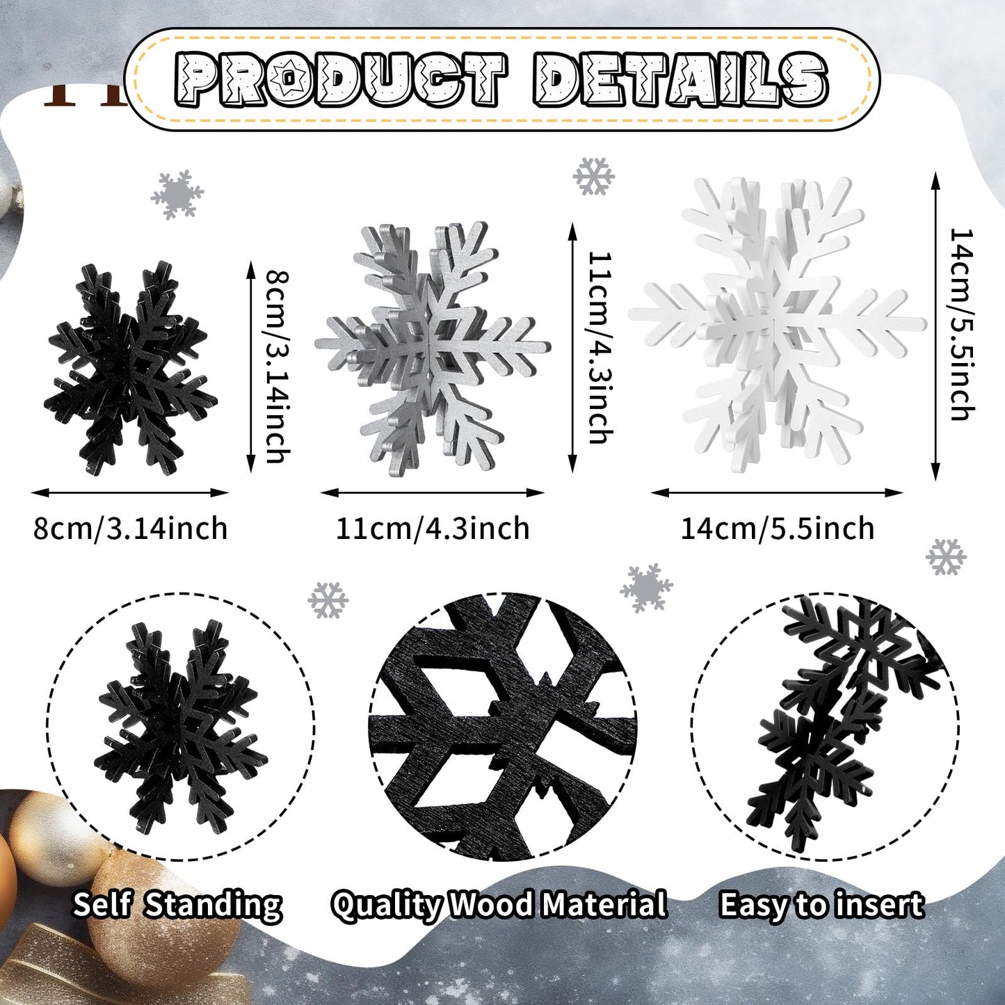 Bucherry 12 Pcs Wooden Snowflake Table Decor 3D Snowflake Tabletop Signs and Centerpiece for Frozen Party Christmas Xmas Winter Wonderland Decorations Home Office Mantel(White, Gray, Black)