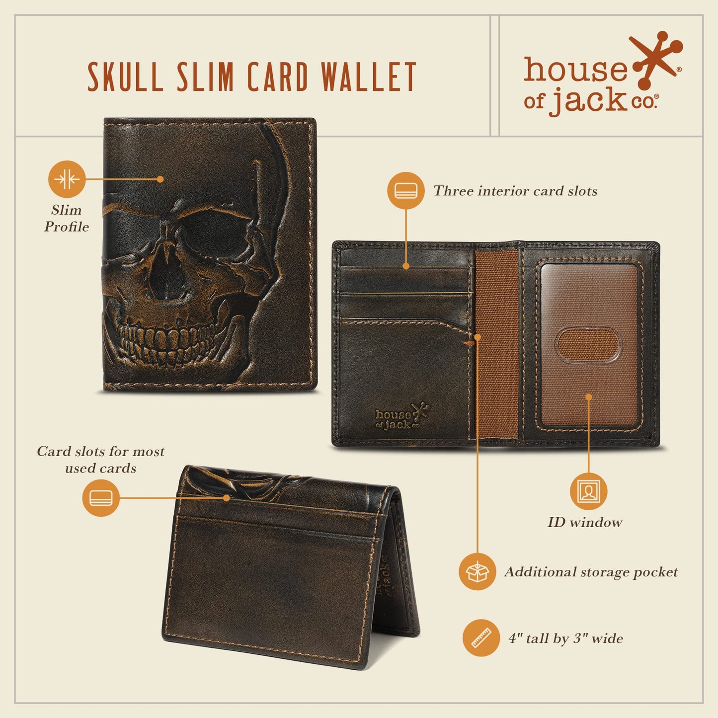 House of Jack Co. Skull Men's Slim Card Wallet, Minimalist Front Pocket Bifold Card Holder, Full Grain Leather, 6 Card Slots with ID Window, Embossed Skull, Gift for Men, Black