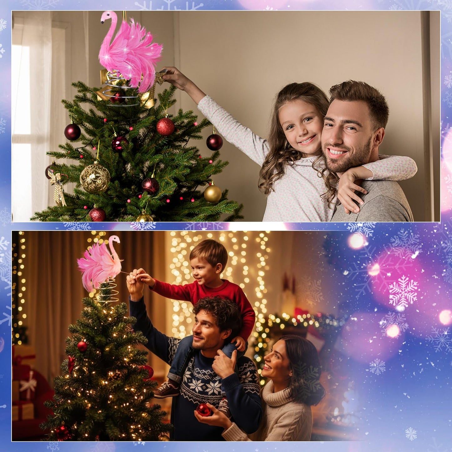 Gejoy 4 Inch Summer Pink Flamingo Mini Tree Topper with Artificial Fluffy Feather LED String Lights Light up Pink Flamingo Tropical Decorations for Small Christmas Tree Ornament Holiday Party Decor