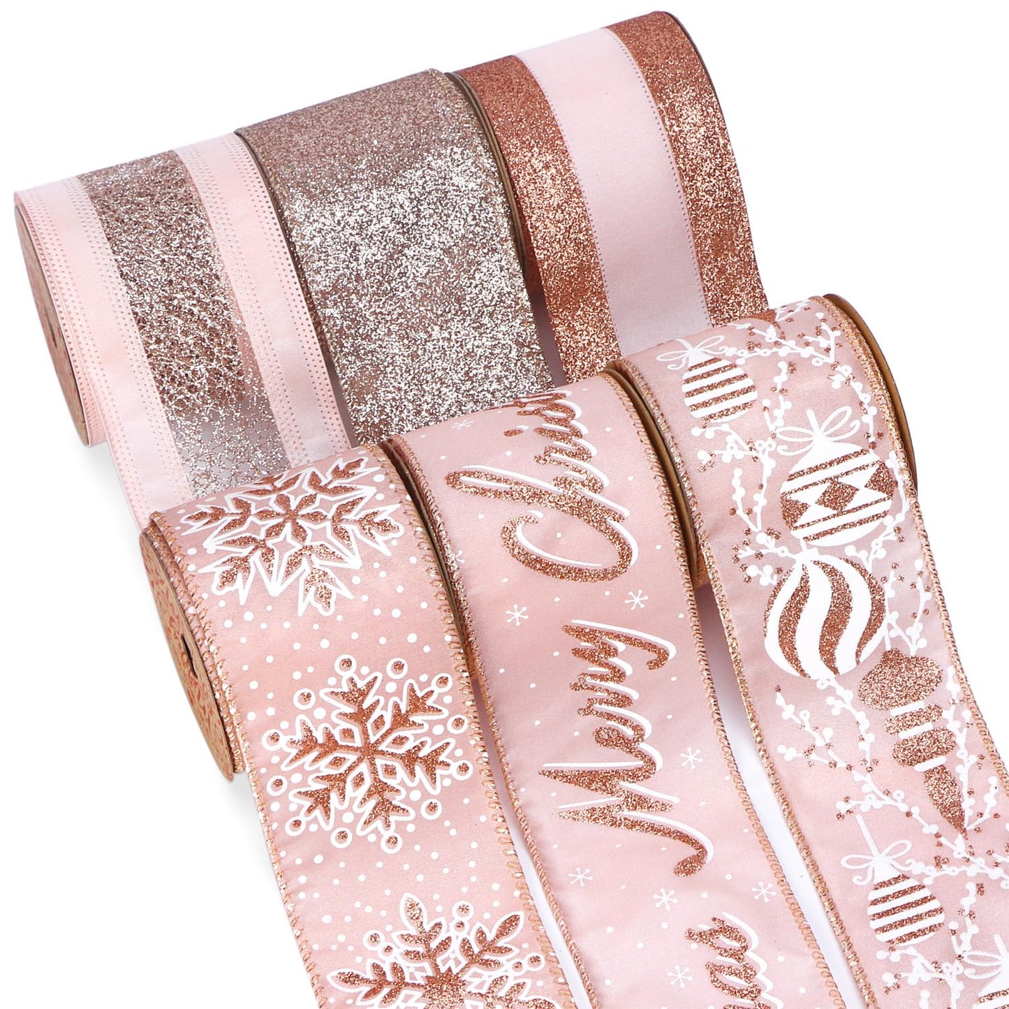 Ribbli Christmas Ribbon Wired Rose Gold Christmas Tree Ribbon Snowflake Glitter Wired Ribbons for Crafts Gift Wrapping Wreaths Garland Home Decor -2.5 Inchx6 Rolls Total 36Yard