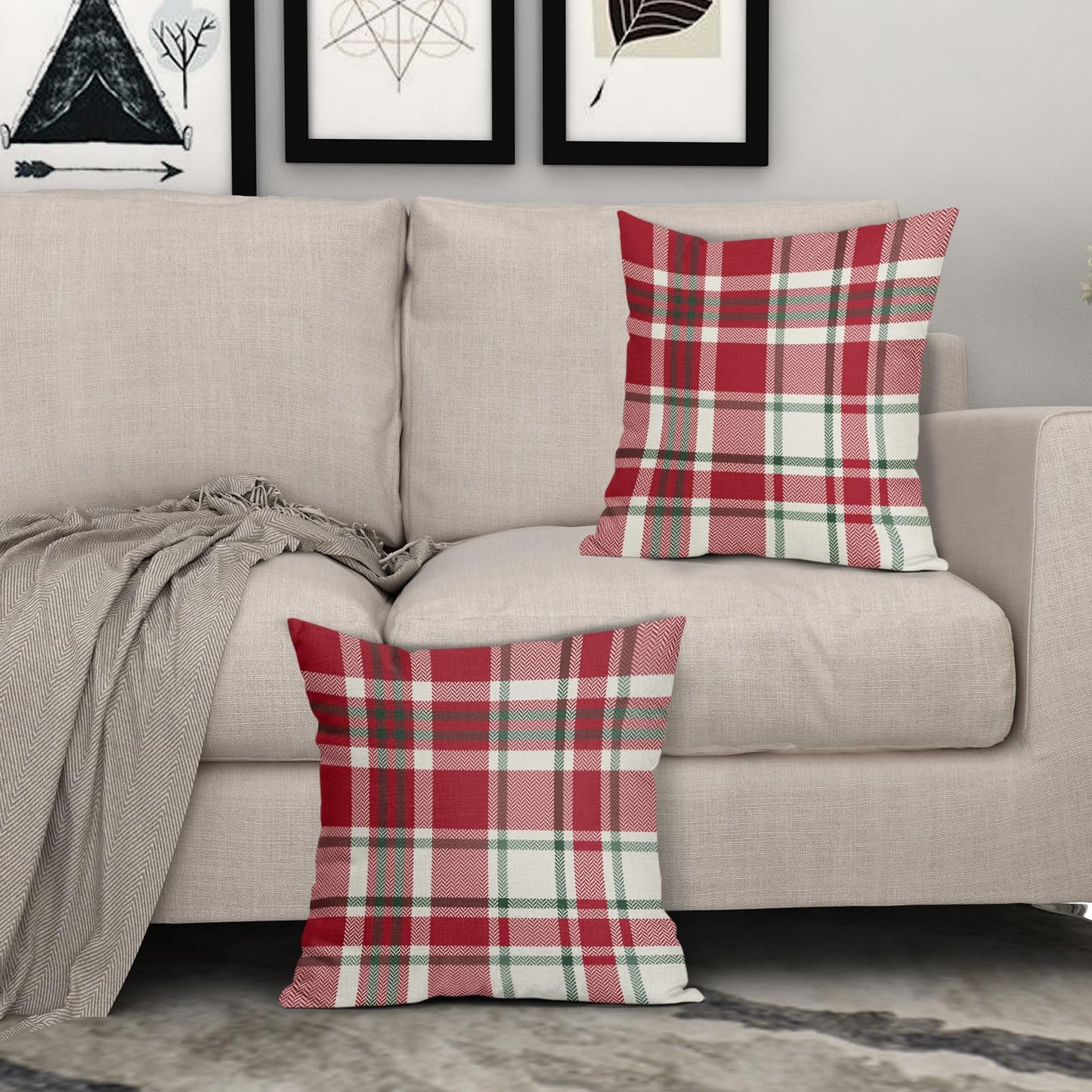 Christmas Plaid Pillow Covers 18x18 Set of 2 Red Green Cream Buffalo Checkered Decorative Tartan Pillowcases Xmas Winter Holiday Outdoor Rustic Farmhouse Throw Cushion Case Decor for Couch Sofa Bed