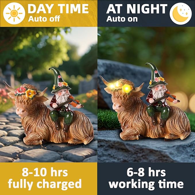 Solar Highland Cow Figurines for Garden with Gnome Playing the Violin 6.7"Resin Garden Gnomes Outdoor Patio Yard Lawn Porch Decor Birthday Housewarming Gifts for Women Mom Grandma Wife Sister Friend