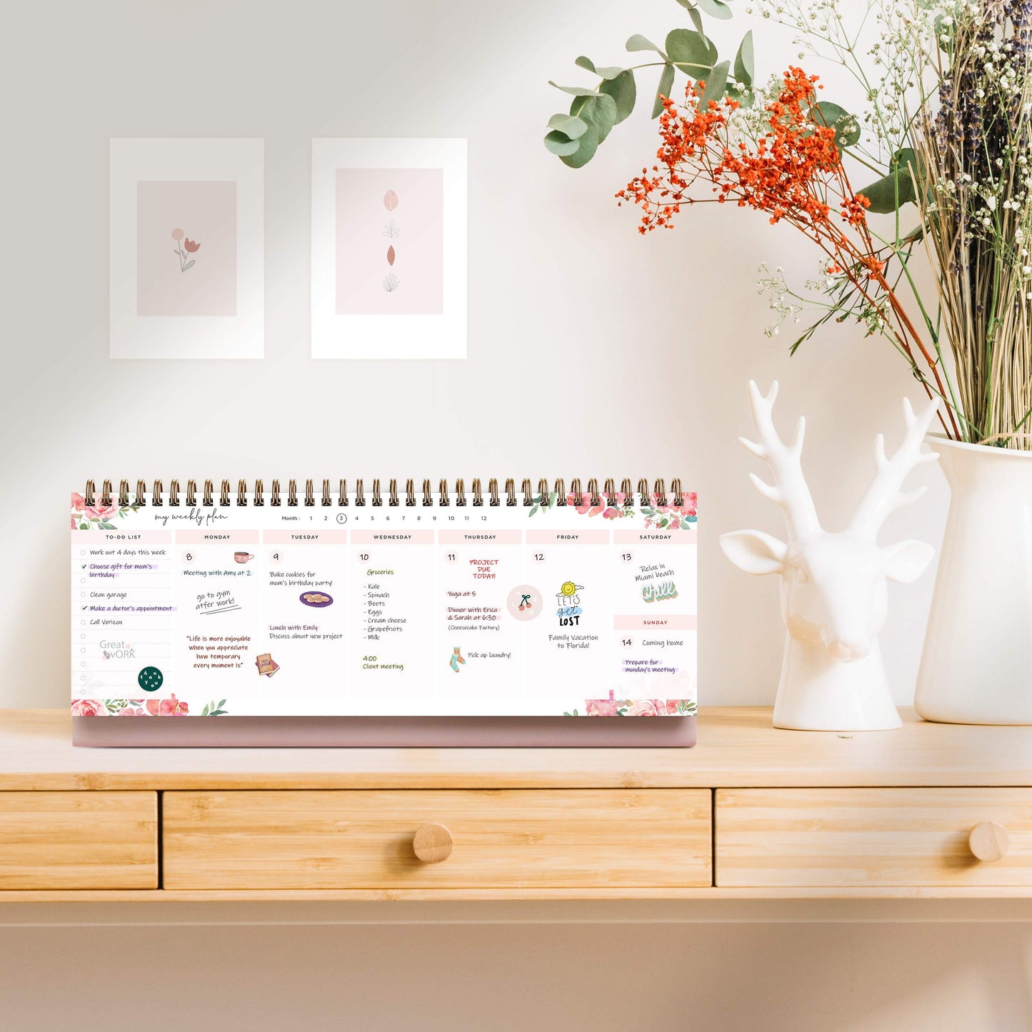 Belle Fleur Non-Dated Spiral Weekly Desk Calendar Planner, 60 Week Inspirational to Do List Pad Desktop Stand, 3.75" x 10.5", La Lune Collection by Bright Day