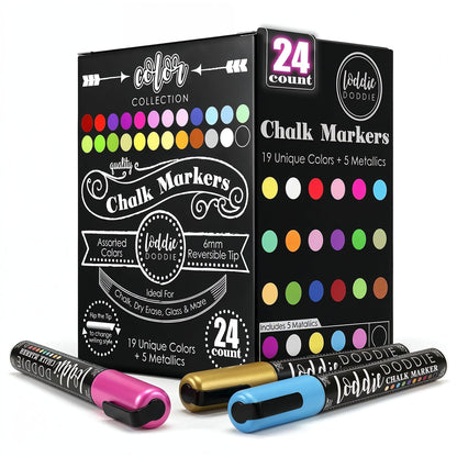 Loddie Doddie Chalk Markers - Pack of 24, 6mm Reversible Tips - Liquid Chalk Pens for Glass Surfaces & Windows - Erasable Pens for Chalkboard Calendar - Non-Toxic Chalkboard Markers