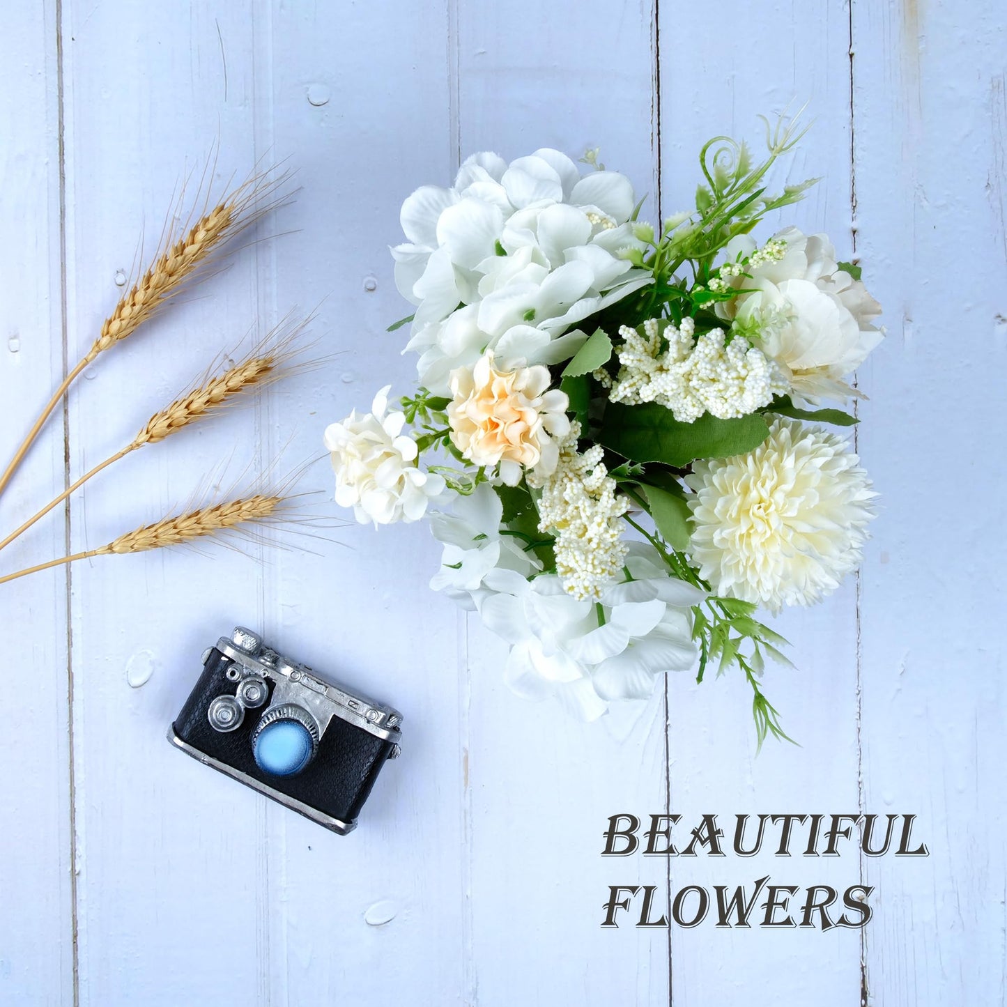Artificial Potted Flowers White, Small Ceramic Vase Fake Flower Plants Desktop Decoration Indoor for Home and Office, Faux Flowers Hydrangea Decora for Table,Bookshelf,Bedroom,Living Room.(White)