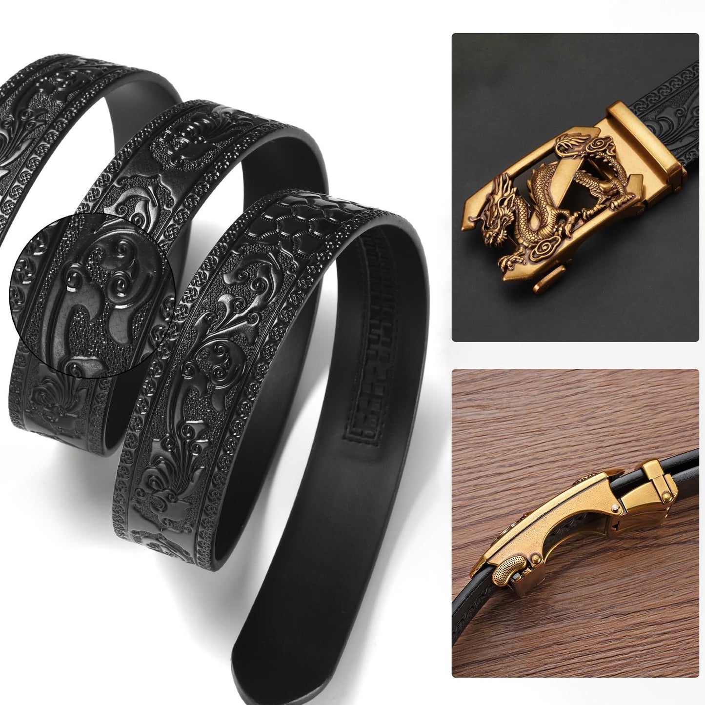 VJK Luxury Men's Belts Engraved Vintage Dragon Head Automatic Buckle Alloy, Leather Men Waist Strap, Slide Easier Adjustable Belt, Cut To Fit, Men Dress Casual Ratchet Belt