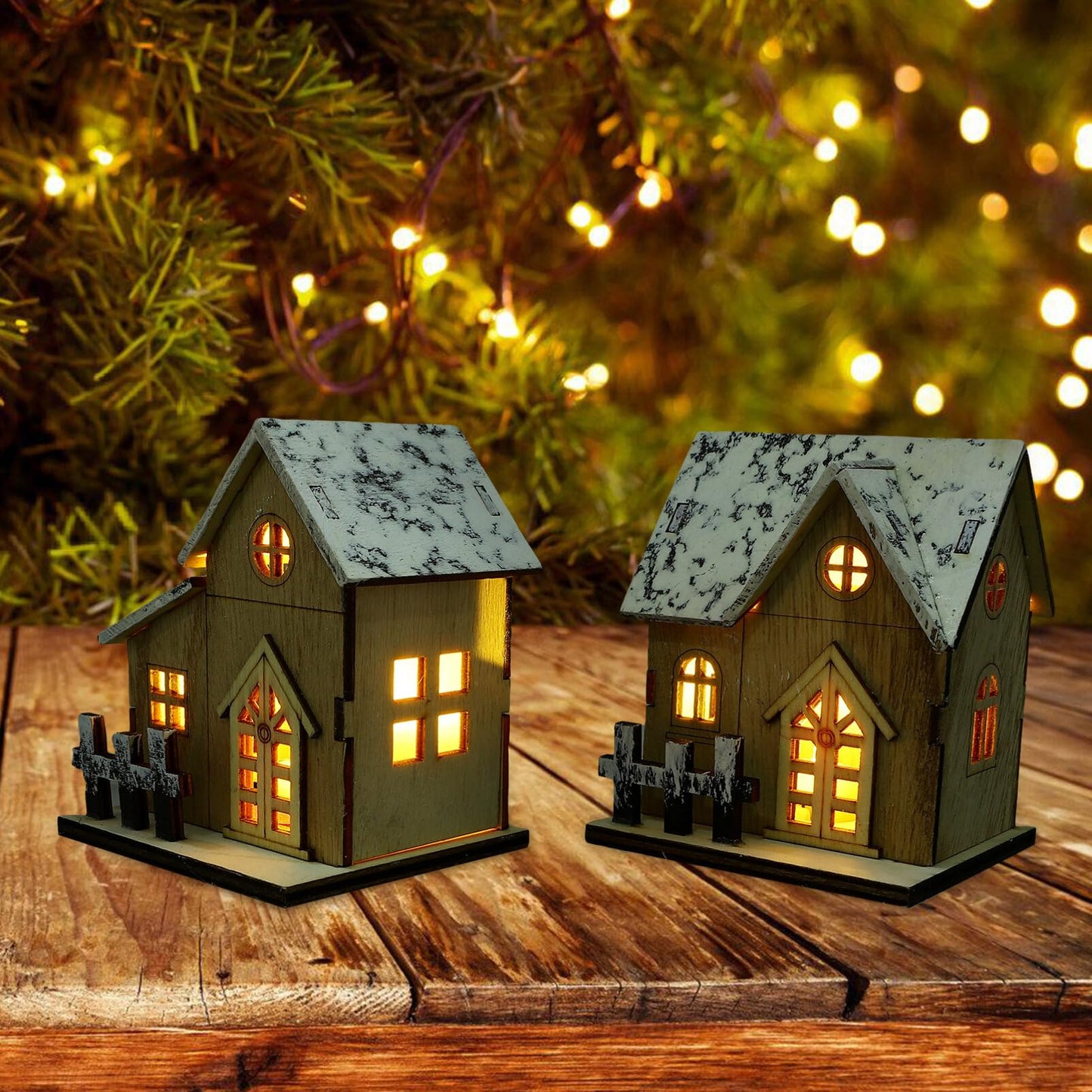 Beaupretty 2PCS Wooden Christmas Houses Luminous Gingerbread House Christmas Decor Tiny Ornaments for Indoor