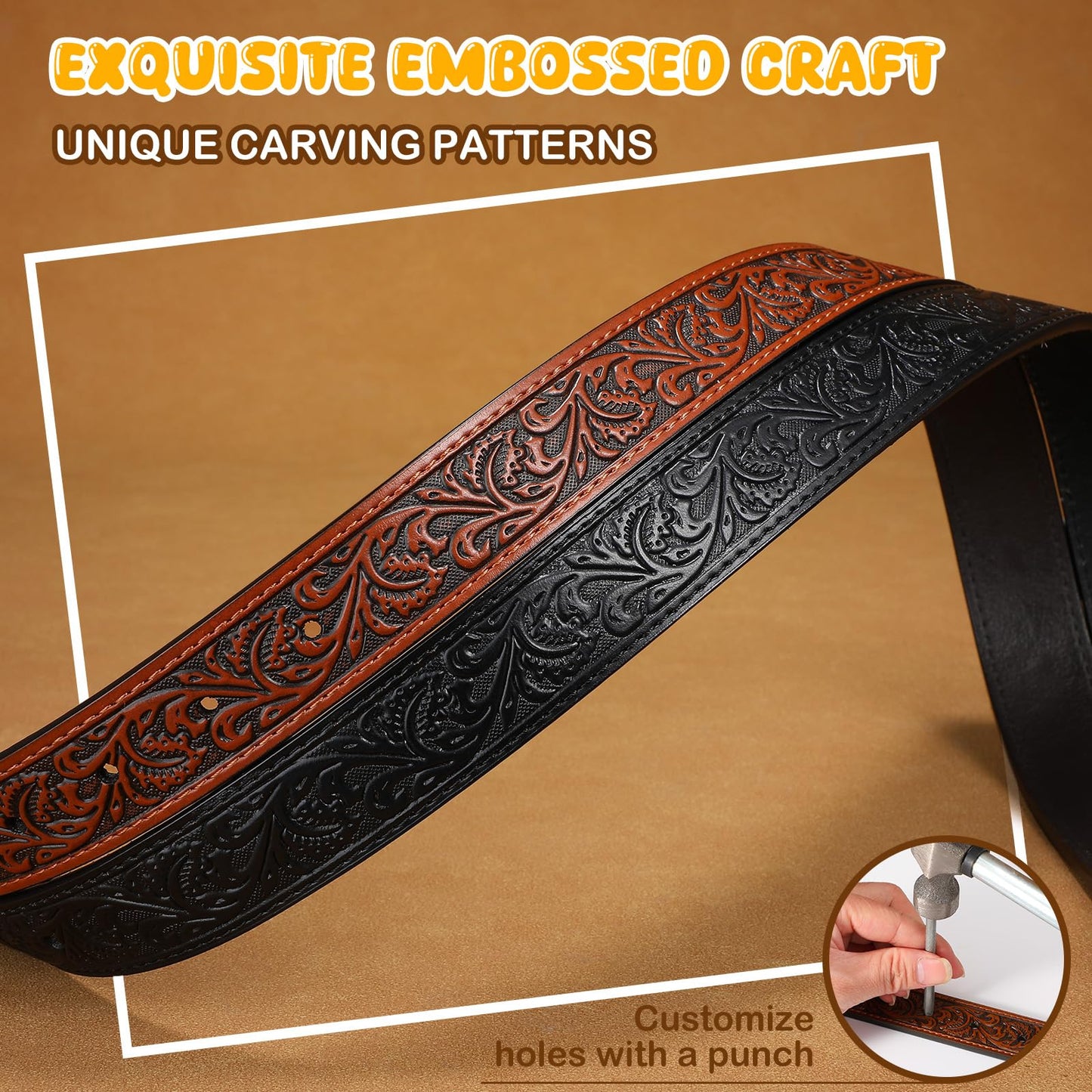 SANSTHS Kids Western Belt without Buckle Genuine Leather Boys Girls Belt Strap Cowgirl Cowboy Belts for Jeans Western Gifts, Embossed Leaf/Black Coffee