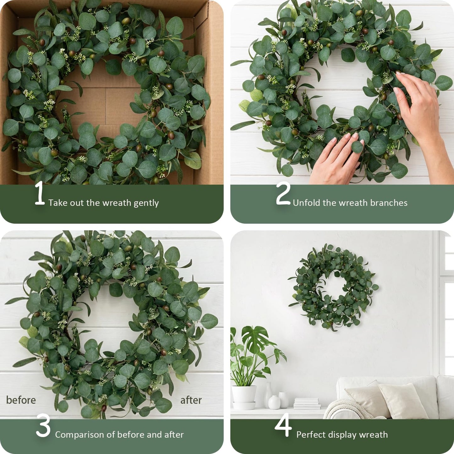 GinzeTop 24 Inch Eucalyptus Wreath for Front Door, Large Artificial Greenery Wreaths with Olive Leaves and Berries, Farmhouse Spring Summer Decor for Porch, Wall, Window, All Season