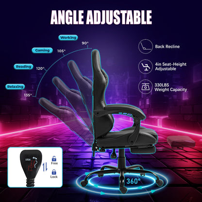 Massage Gaming Chair w/Footrest, Ergonomic High Back PC Chair w/Headrest and Lumbar, PU Swivel Home Desk Office Chair, Black