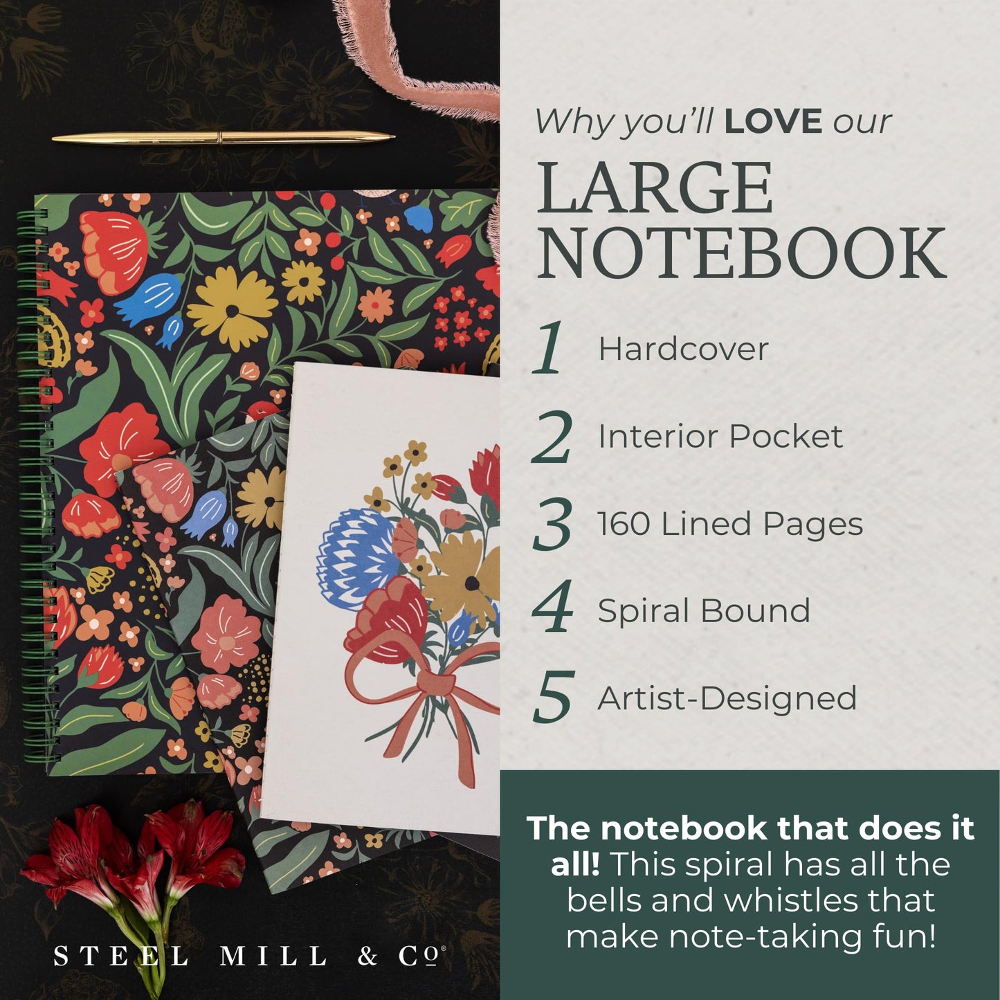 Steel Mill & Co Large Spiral Notebook College Ruled for Journaling/School/Work, 11" x 9.5" with Durable Hardcover and 160 Lined Pages, Wanderlust