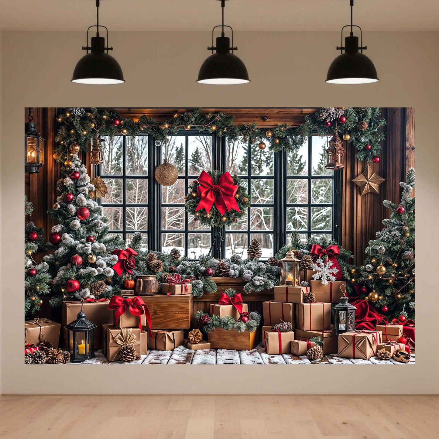 10X8ft Winter Christmas Photography Backdrop Red Xmas Tree Snow Rustic Wooden Window Banner for Family Holiday Party Decoration Supplies Photo Studio Props Pictures