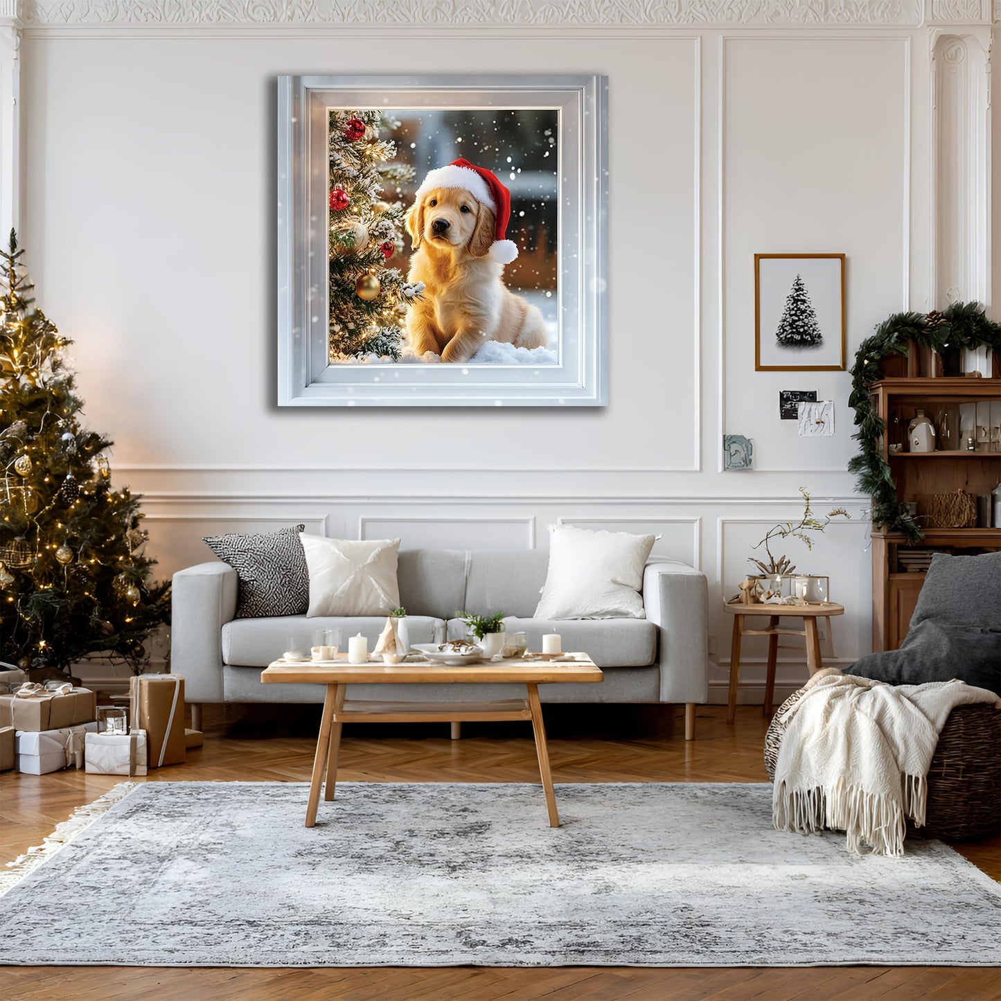 AMAZING WALL Peel and Stick Christmas Faux Window Sticker–Cute Puppy Holiday Wall Décor, Removable 3D Effect Festive Window Scene for Living Room,Bedroom,Office,31.5x31.5in/2PCS