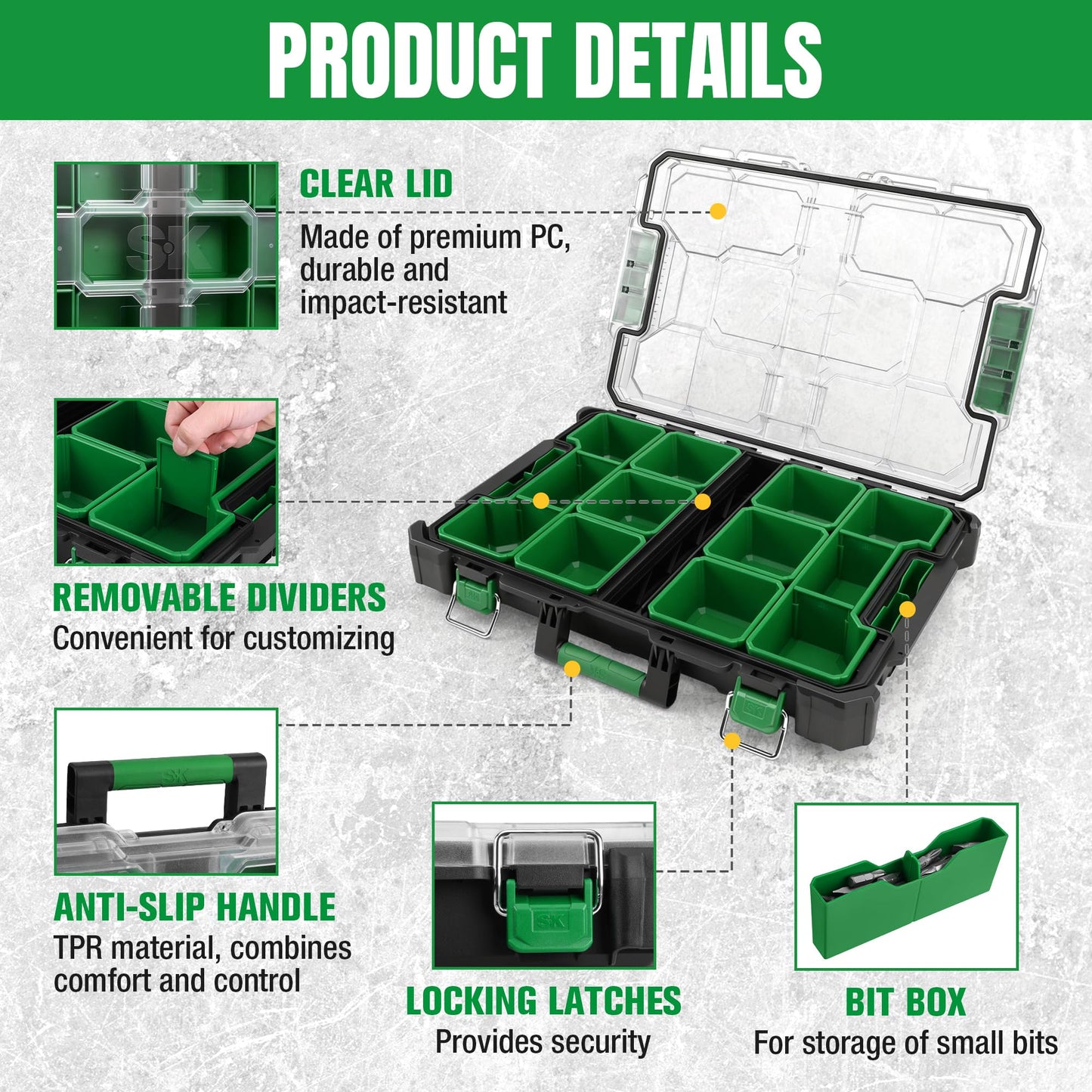 SK 20.5-Inch Small Part Organizer, Stackable Tools Box Organizer with 15 Compartments and Removable Dividers, Transparent Lid, Waterproof & Impact-Resistant Design, for Small Tools and Accessories