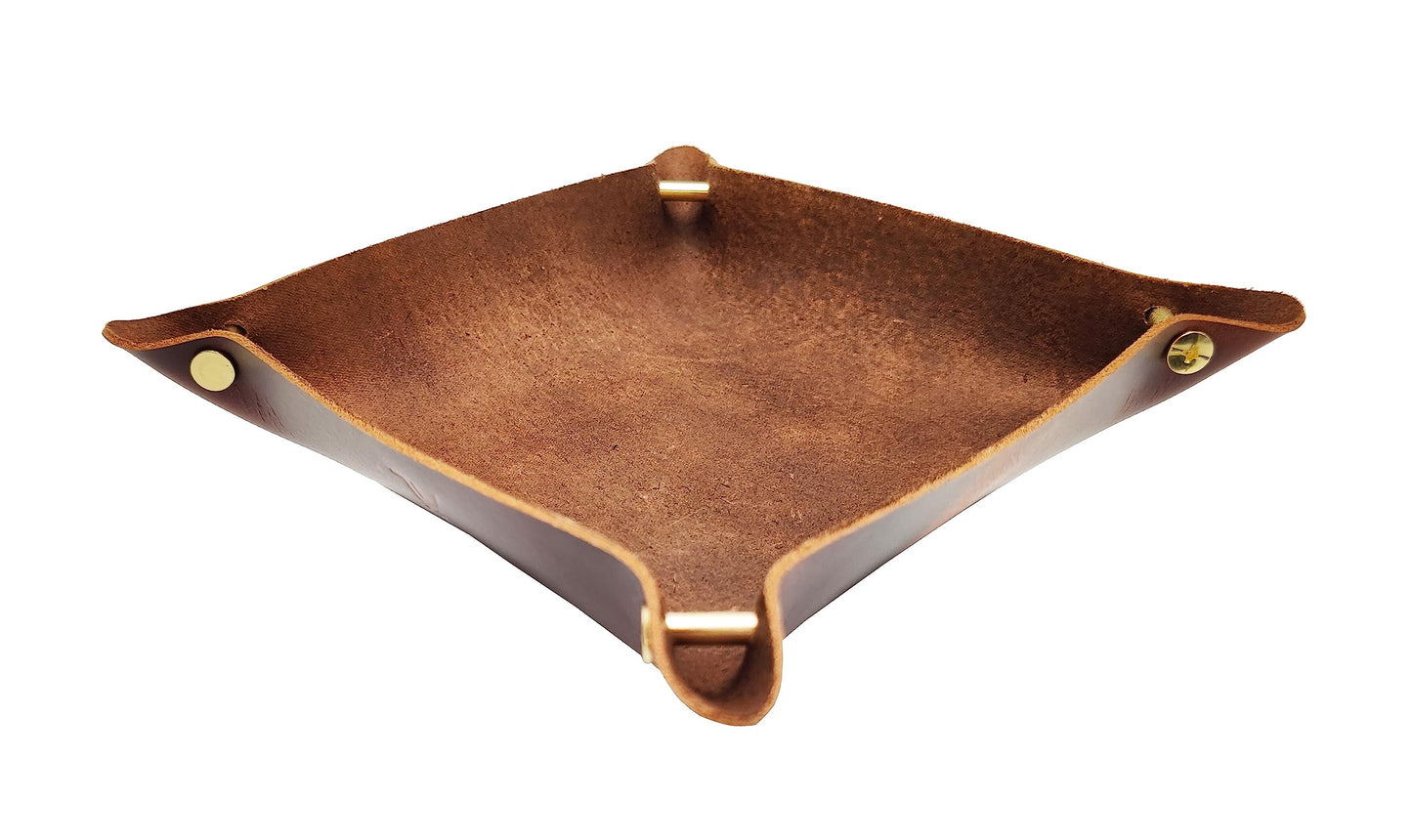 WOBACWVO Leather Valet Tray Entryway Catchcall Tray Nightstand Organizer Storage for Wallets Watches Keys Holder Dish Bowl Coins Office Desk Accessory (Antique Brown-Oil Wax Leather).