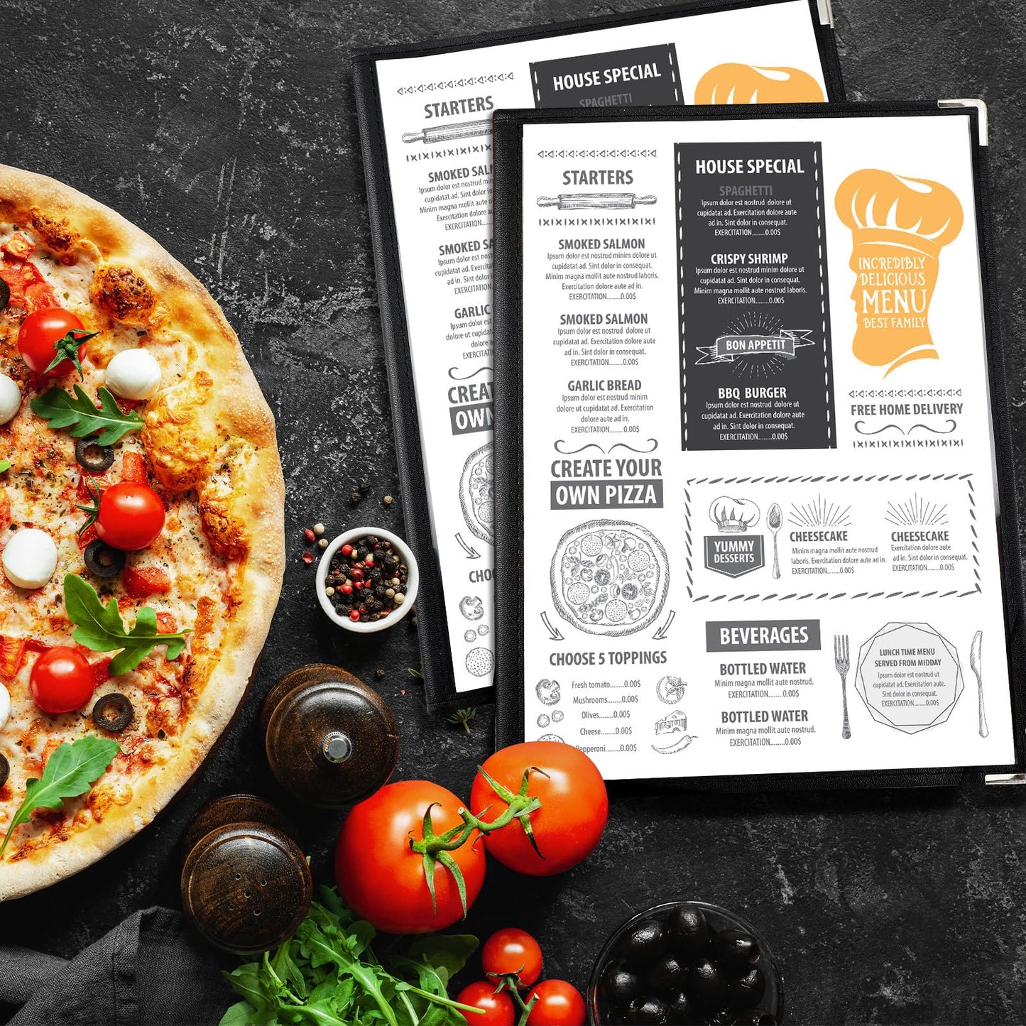 Henoyso 50 Pcs 8.5 x 11 Inch Menu Covers 4 Page 8 View Transparent Restaurant Covers Book Fits A4 Size Paper, Bar Cafe Clear Menu Holder Folder with Leatherette Trim and Decorative Corners, Black