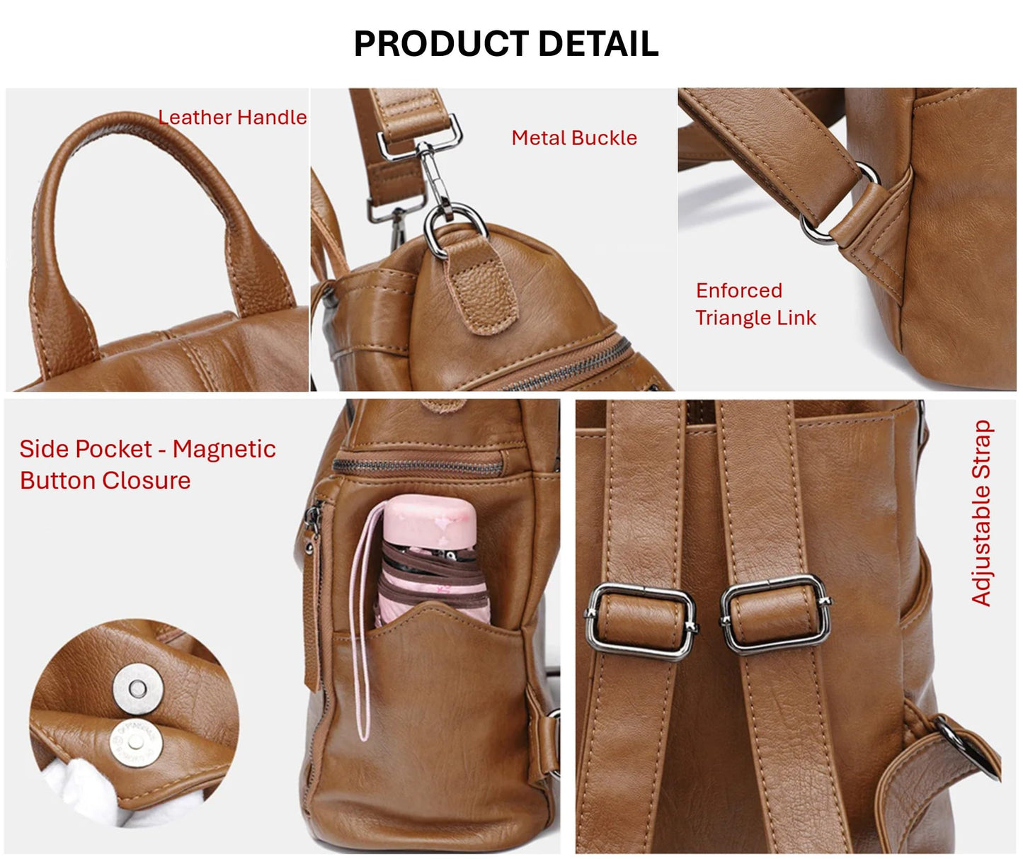 AurexaFashion Genuine Cow Leather Backpack Shoulder Handbag Bag for Women, Top Handle & 2 Detachable Straps- Brown