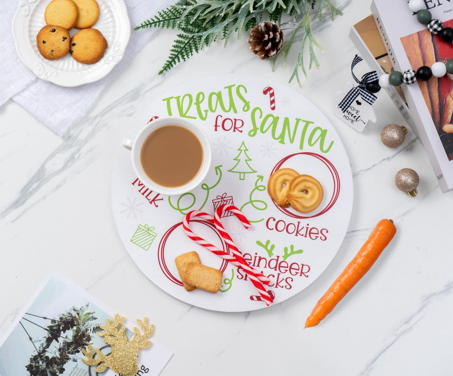 Rmeosye Santa Cookie Plate Treat Santa Christmas Wooden Round Tray Xmas Eve Cookies Milk Reindeer Snacks Cute Platter Mat Wood Plates Board for Christmas Decorations Supplies (White)