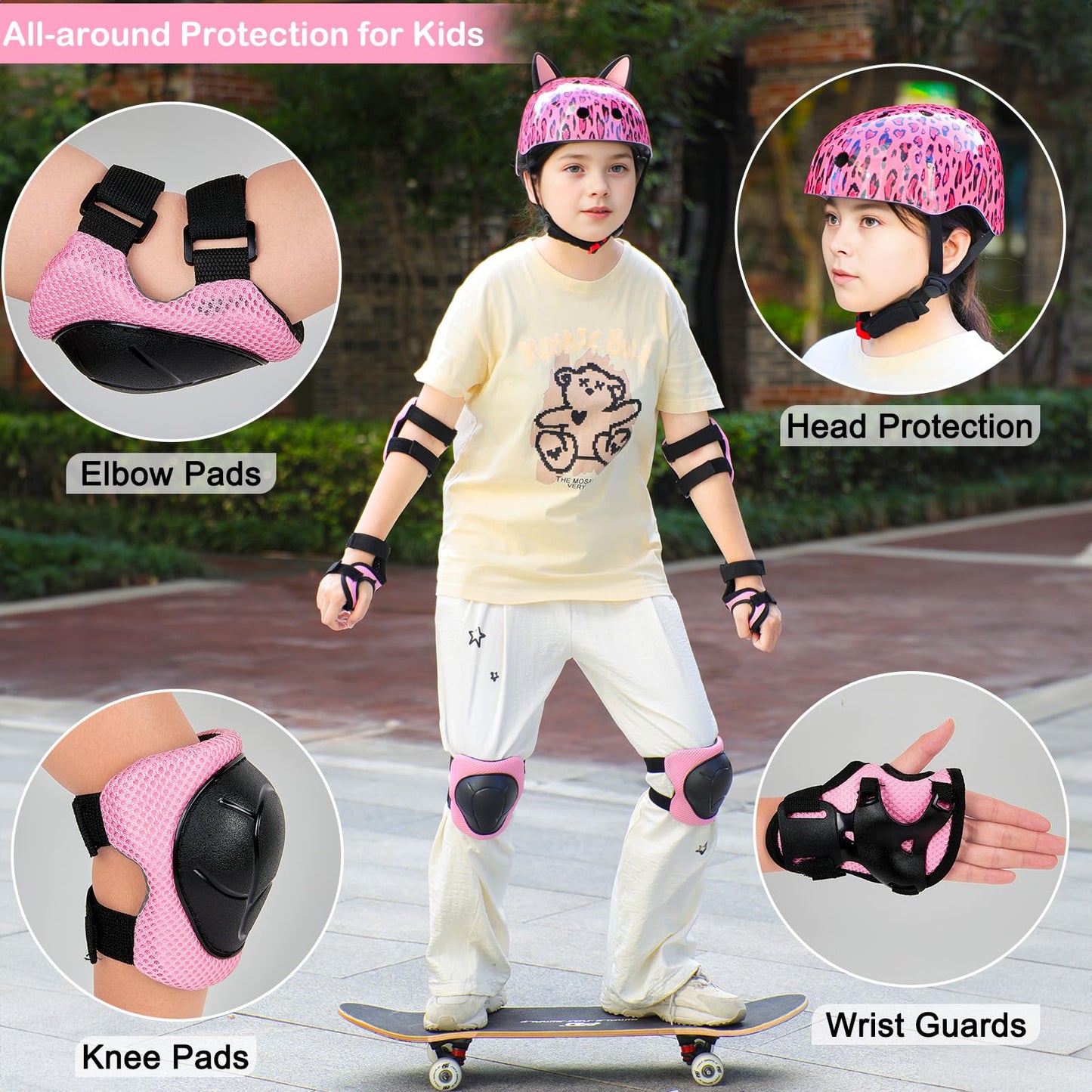 Kids Helmet, Bike Helmets for Kids 3-8-14 with Knee Pads and Elbow Pads Wrist Guards, Adjustable Youth Girls Bike Helmet with DIY Cat Ears Skateboard Helmet for Scooter Skating Cycling