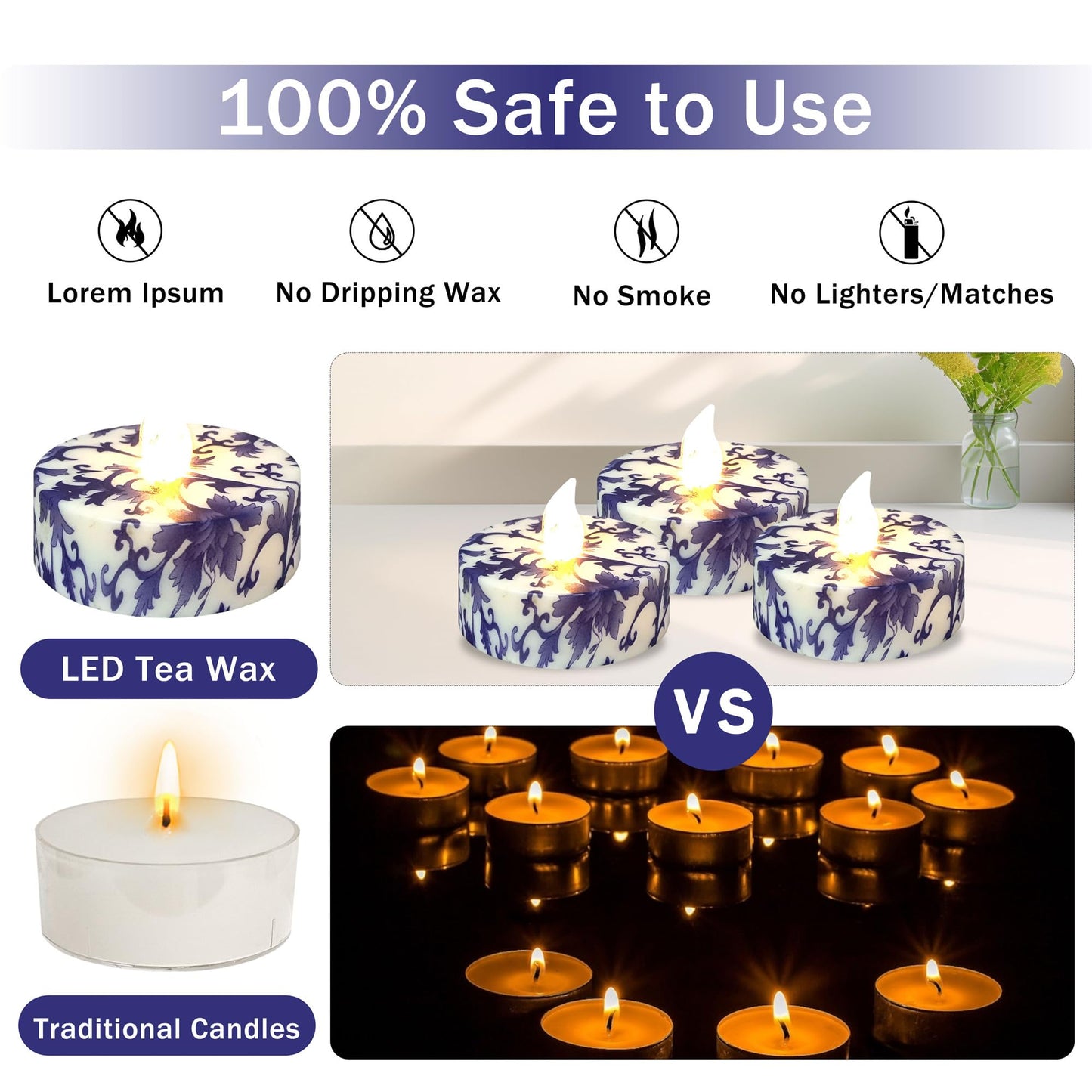 Gedengni Floral Flameless Tealights with Remote - 12 Pack Blue and White LED Tealight Candles Battery Operated Tea Lights Safe Realistic Flickering for Home Decor Wedding Party,TLT12P-BW
