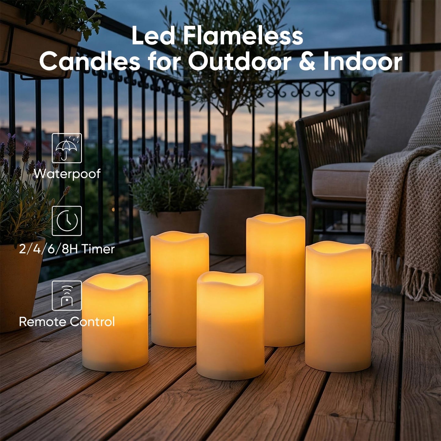 5plots 3" X 5"5" 6" 6" Outdoor Waterproof Candles, Battery Operated Led Ivory White Flameless Candles with 10-Key Remote & Timer for Indoor Home Lantern Holiday Decor, Set of 4