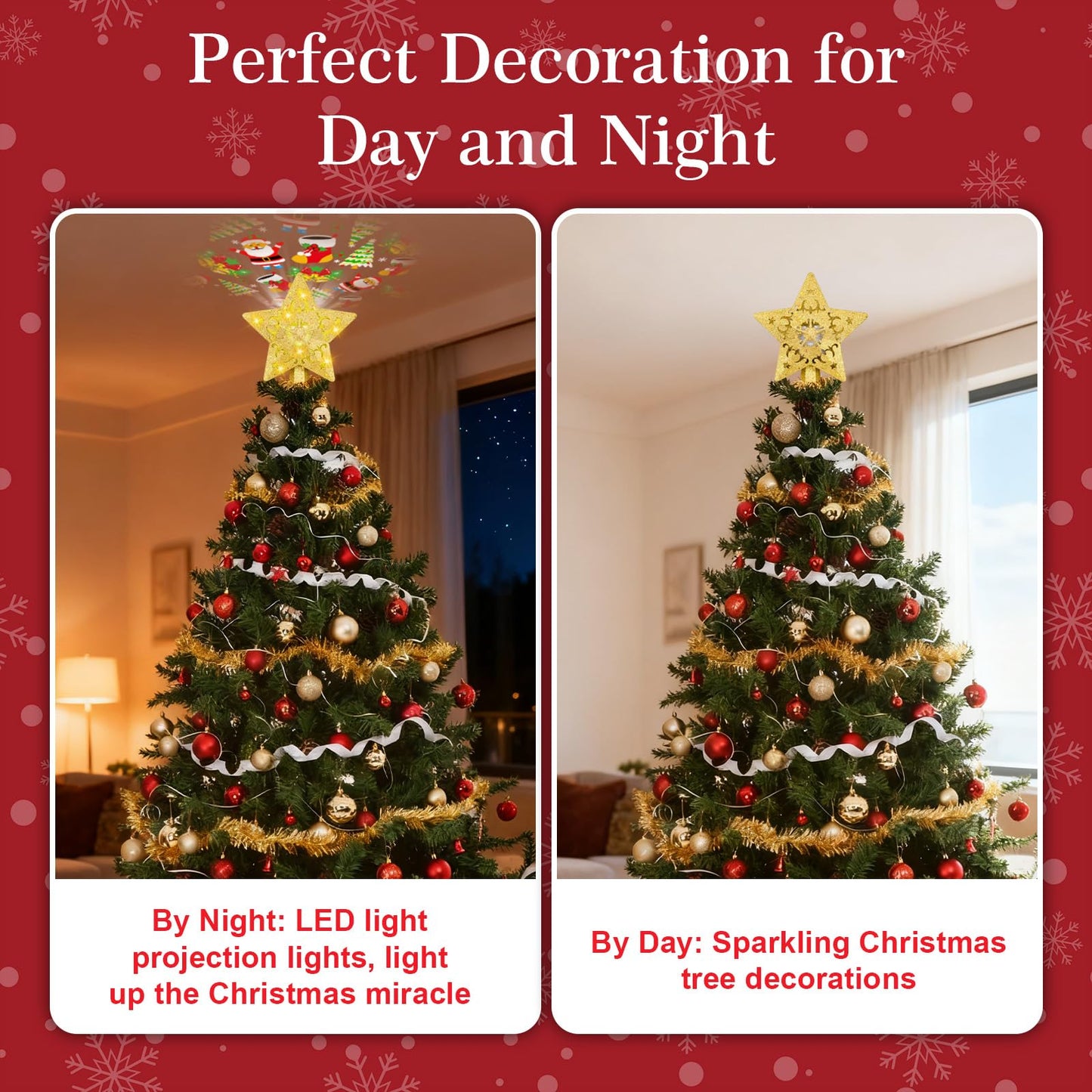 Christmas Tree Topper with Built-in 360° LED Rotating Projector, 3D Hollow Sparkling Gold Star, 3m Plug in Christmas Tree Top Decorations, Indoor Office Party Holiday Home Xmas Treetop Cool Ornament