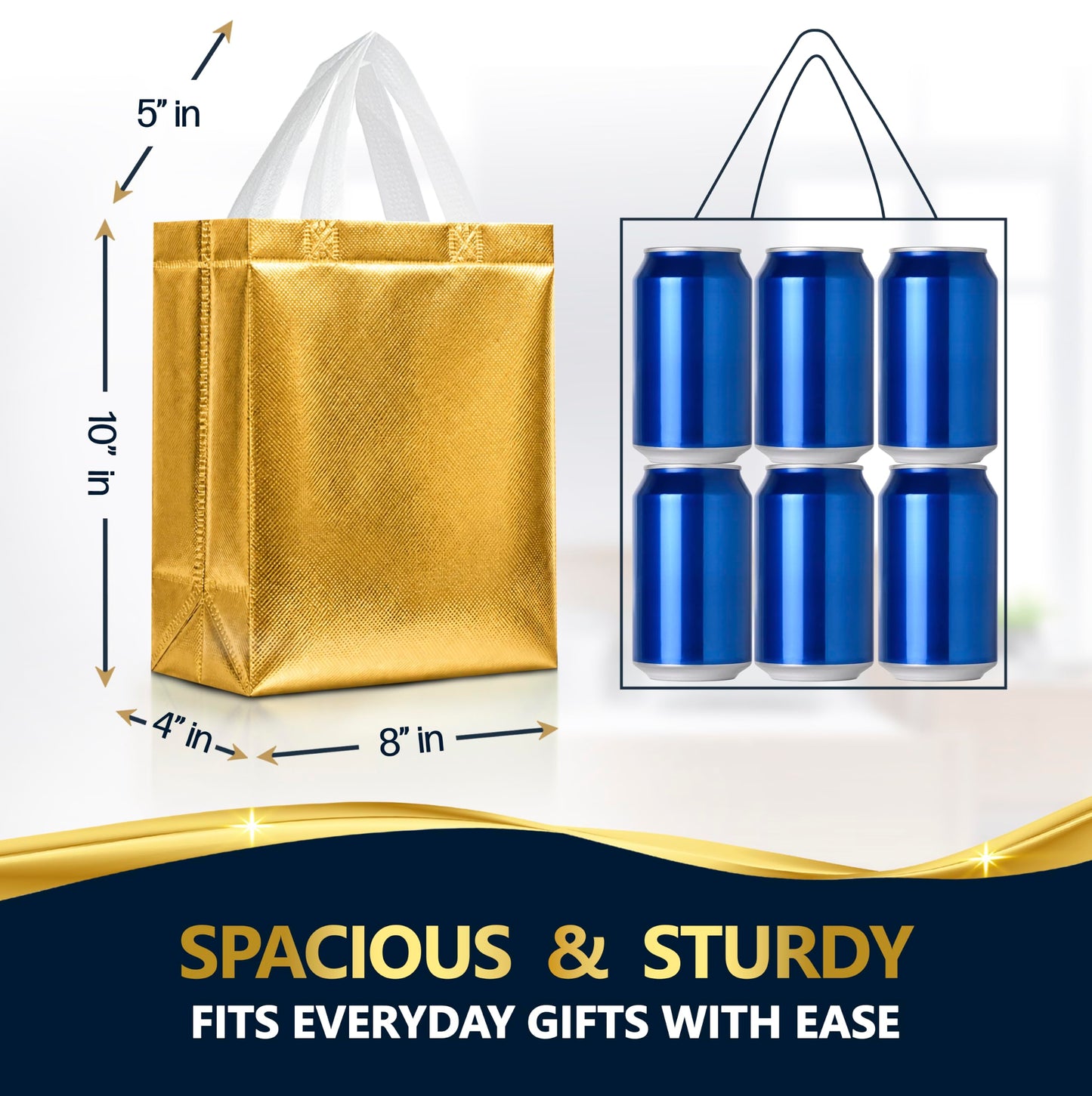 Nush Nush Set of 60 Gold Gift Bags Bulk – Medium Size Reusable Gold Gift Bags With Handles - Perfect Party Favor Bag for Christmas, Wedding, Bachelorette Party Favors and Goodies – 8W x 4D x 10H