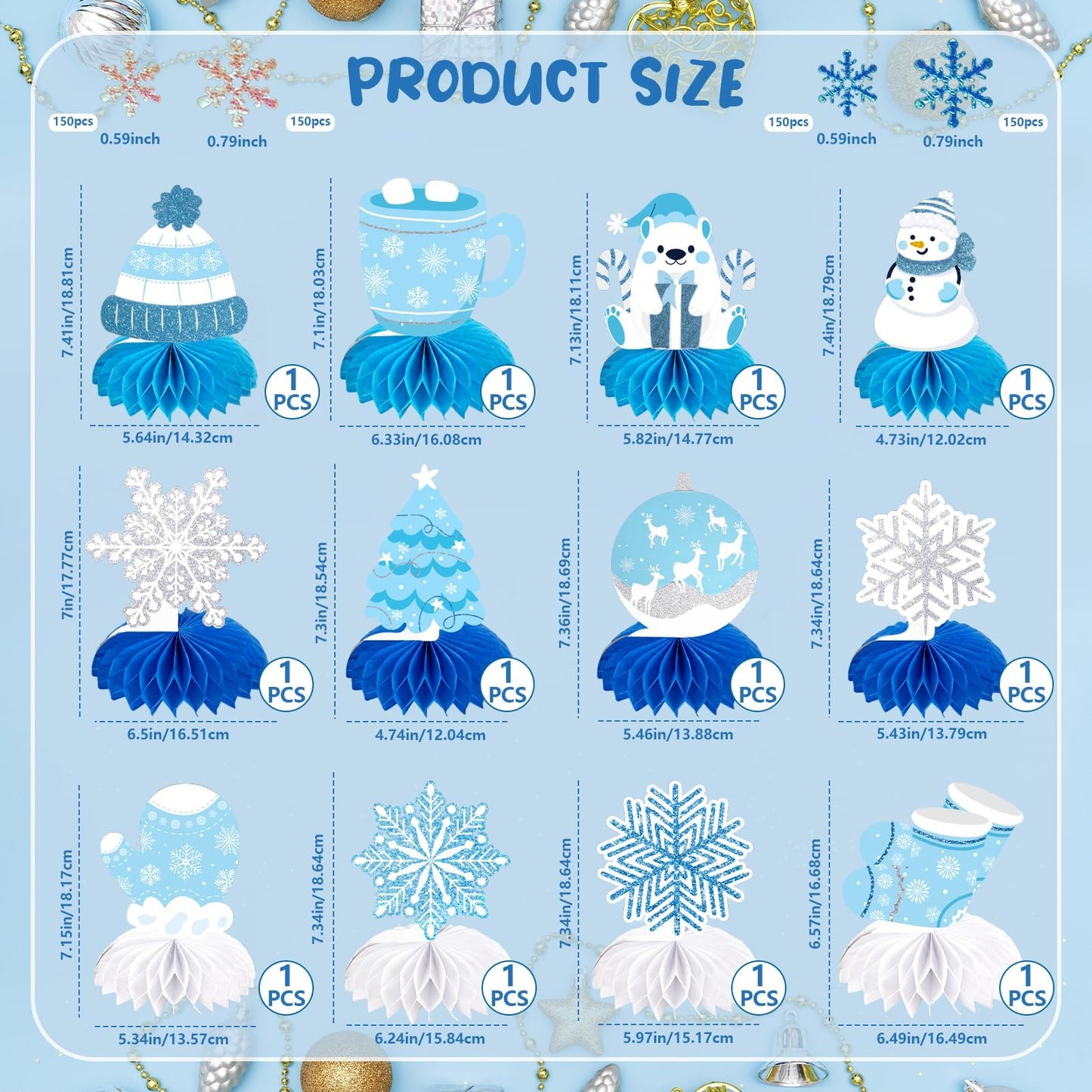 Frozen Winter Wonderland Party Decorations - 12 Pack Winter Themed Snowflake Honeycomb Table Centerpieces and 600pcs Snowflake Confetti for Christmas Holiday Winter Birthday Baby Shower Party Supplies