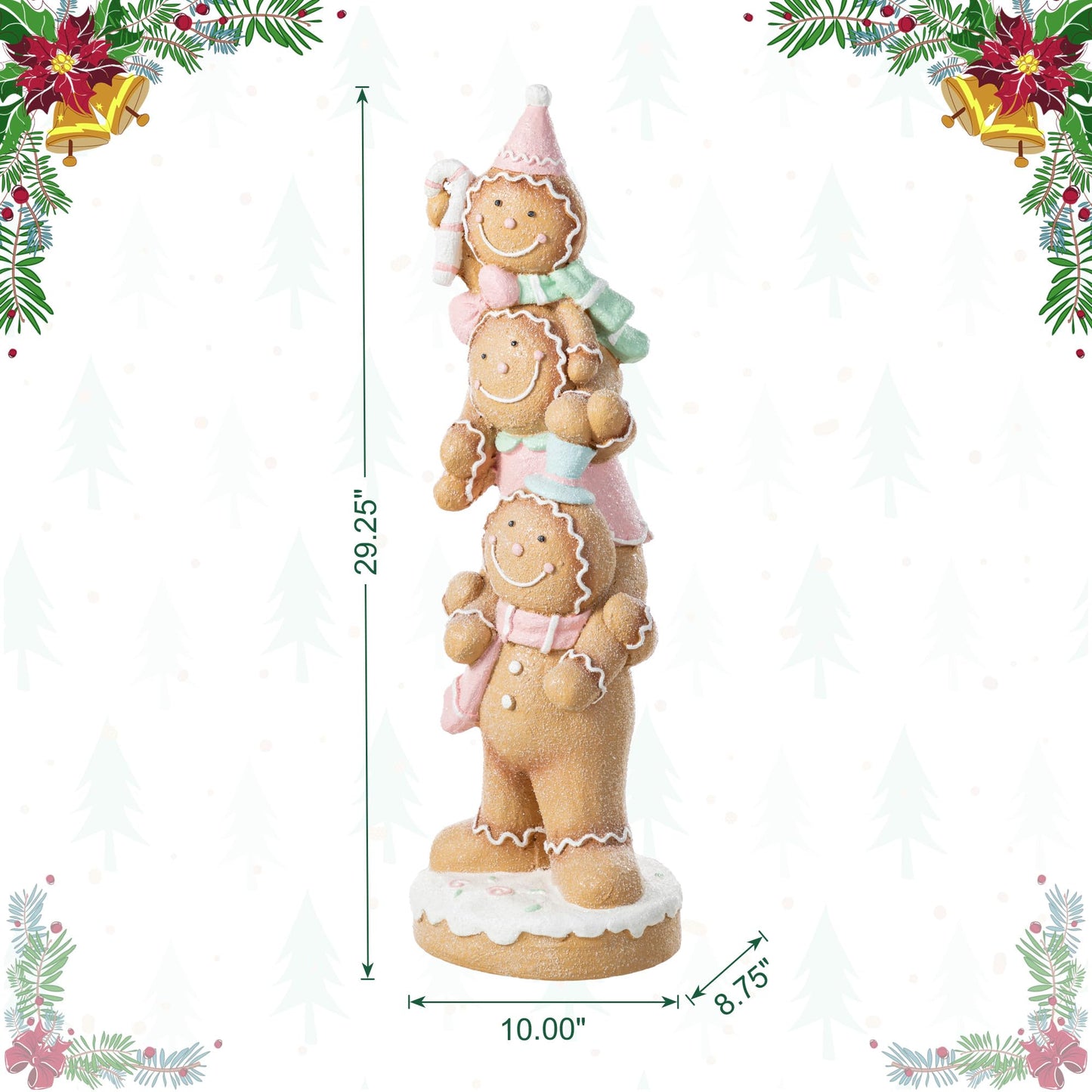 Glitzhome Christmas Gingerbread Man Porch Decor, 29.25" Stacked Macaron Pink Resin Outdoor/Indoor Holiday Yard Statue, Hand-Painted Festive Display for Entryway