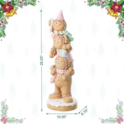 Glitzhome Christmas Gingerbread Man Porch Decor, 29.25" Stacked Macaron Pink Resin Outdoor/Indoor Holiday Yard Statue, Hand-Painted Festive Display for Entryway