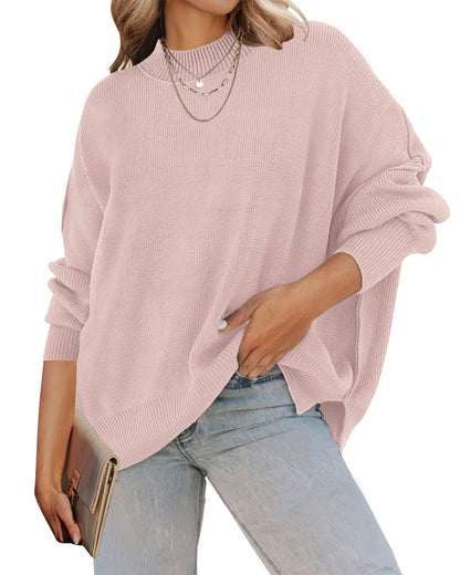 ZESICA Women's Fall 2025 Casual Long Sleeve Crew Neck Side Slit Oversized Ribbed Knit Pullover Sweater Tops