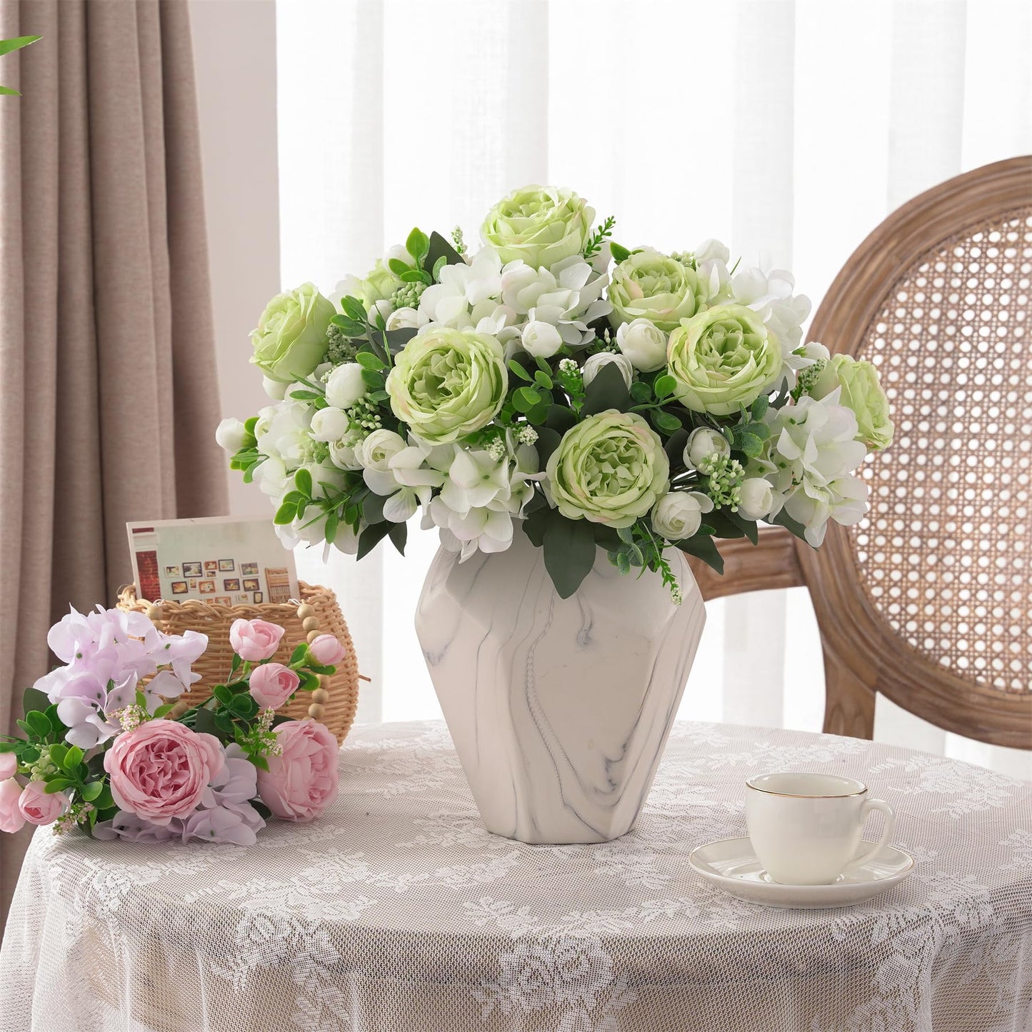 karoro 4 Bunches Peonies Artificial Flowers, Silk Peonies Flowers Fake Bouquet Faux Floral Arrangements for Centerpiece Table Wedding Party Home Decor (4, Green White)