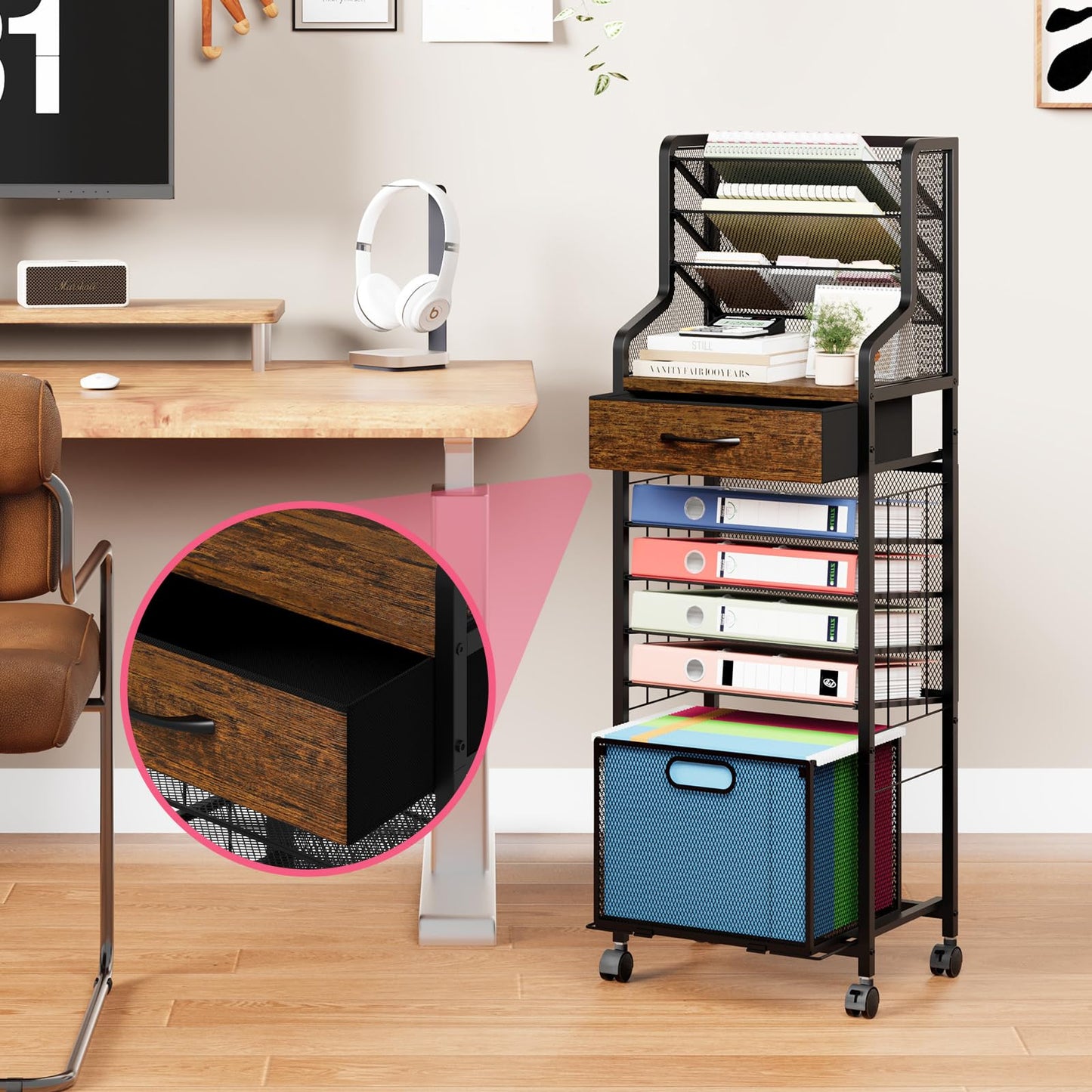 SWTYMIKI 10-Tier Rolling File Cart - Mesh Paper Organizer with Drawer & Hanging File Folders on Lockable Wheels, Rolling File Cabinet for Office Organization, Storage in Home, Studio, School, Espresso