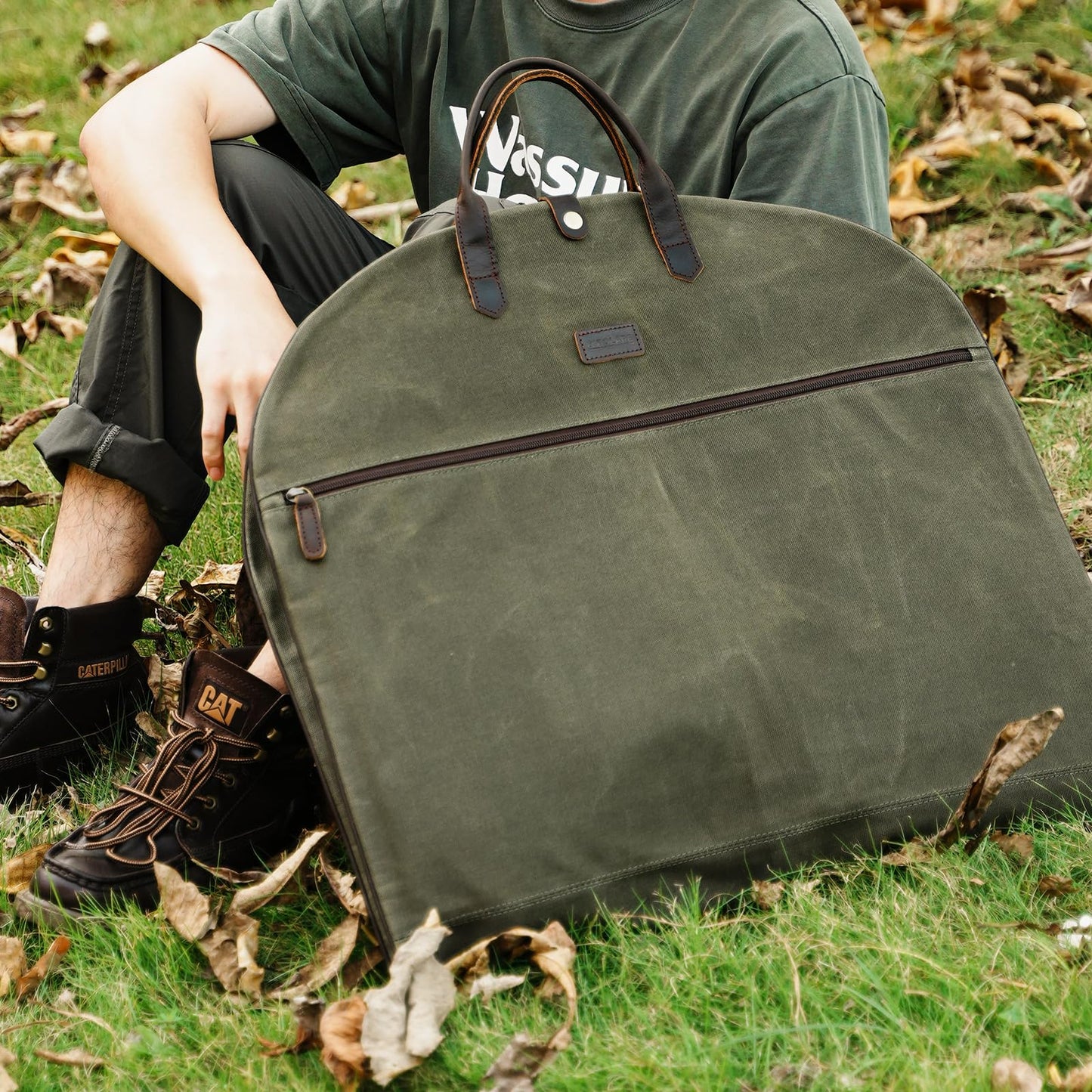 Polare 43” Waxed Canvas Full Grain Leather Trim Carry On Garment Bag for Travel, Waterproof Dust-Proof Foldable Hanging Suitcase Weekender Garment Cover with YKK Zipper (Army Green)