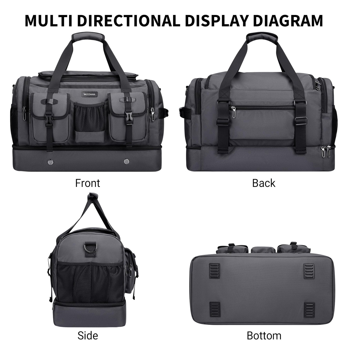 WITZMAN Duffle Bag for Men Large Carry On Travel Mens Weekender Overnight Bags with Shoes Compartment for Sports Gym(B723 Silvery Grey)