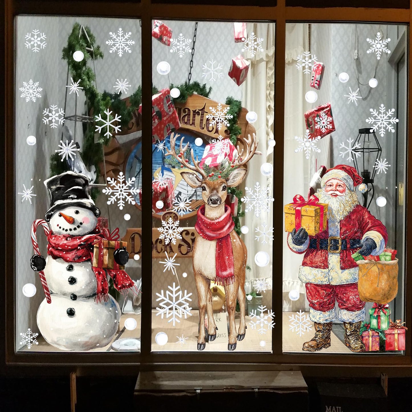 XZENTIRA Large Christmas Window Clings 3 Sheets Extra Large Santa Claus Snowman Reindeer Snowflake Window Stickers Double-Sided Holiday Window Decals for Xmas Glass Windows Home Party Decorations