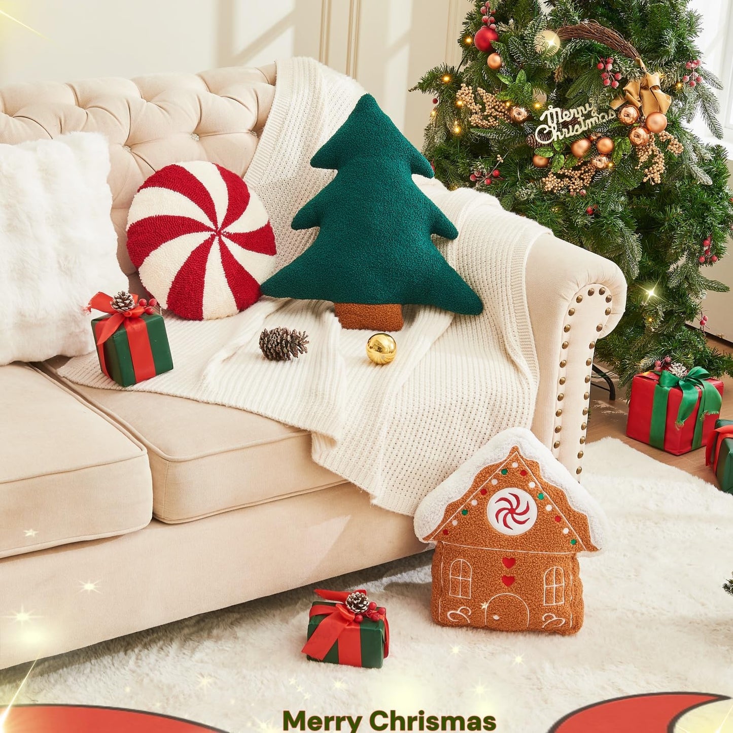 Vdoioe Christmas Tree Pillows Set of 2 Christmas Pillows. Tree Shaped Throw Pillows Xmas Plush Decorations Pillow Gingerbread House Candy Pillow for Thanksgiving Home Decor. Xmas Decor for Party