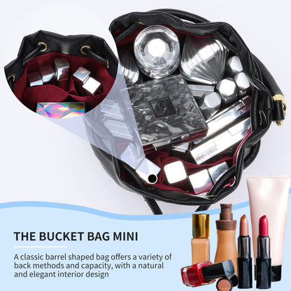 JQAliMOVV Mini Leather Bucket Bags for Women Drawstring Bucket Purse Crossbody Handbags Hobo Bag (Black)