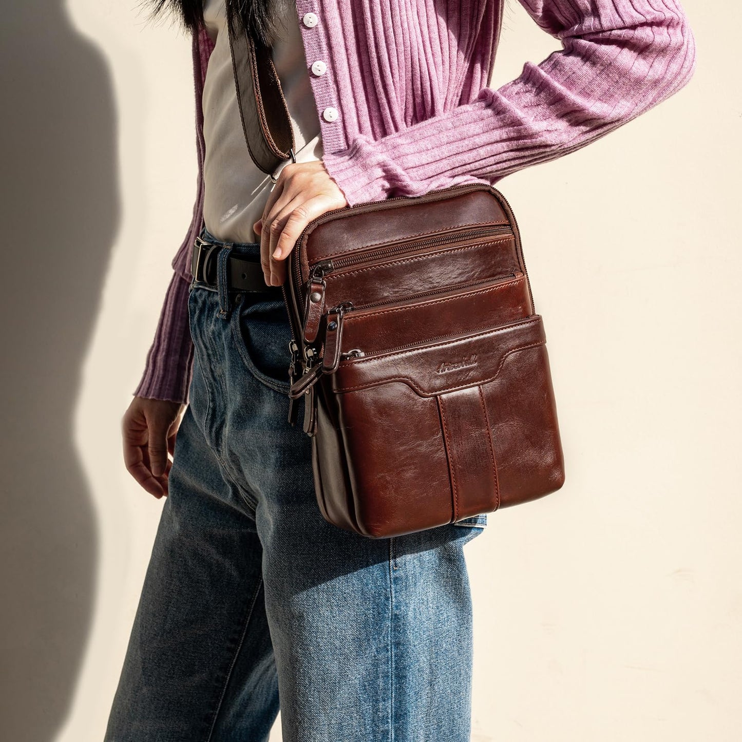 Ariscobull Leather Messenger Bag for Men, Small Leather Sling Shoulder Bag Messenger Pack for Men, Man Purse (Brown)